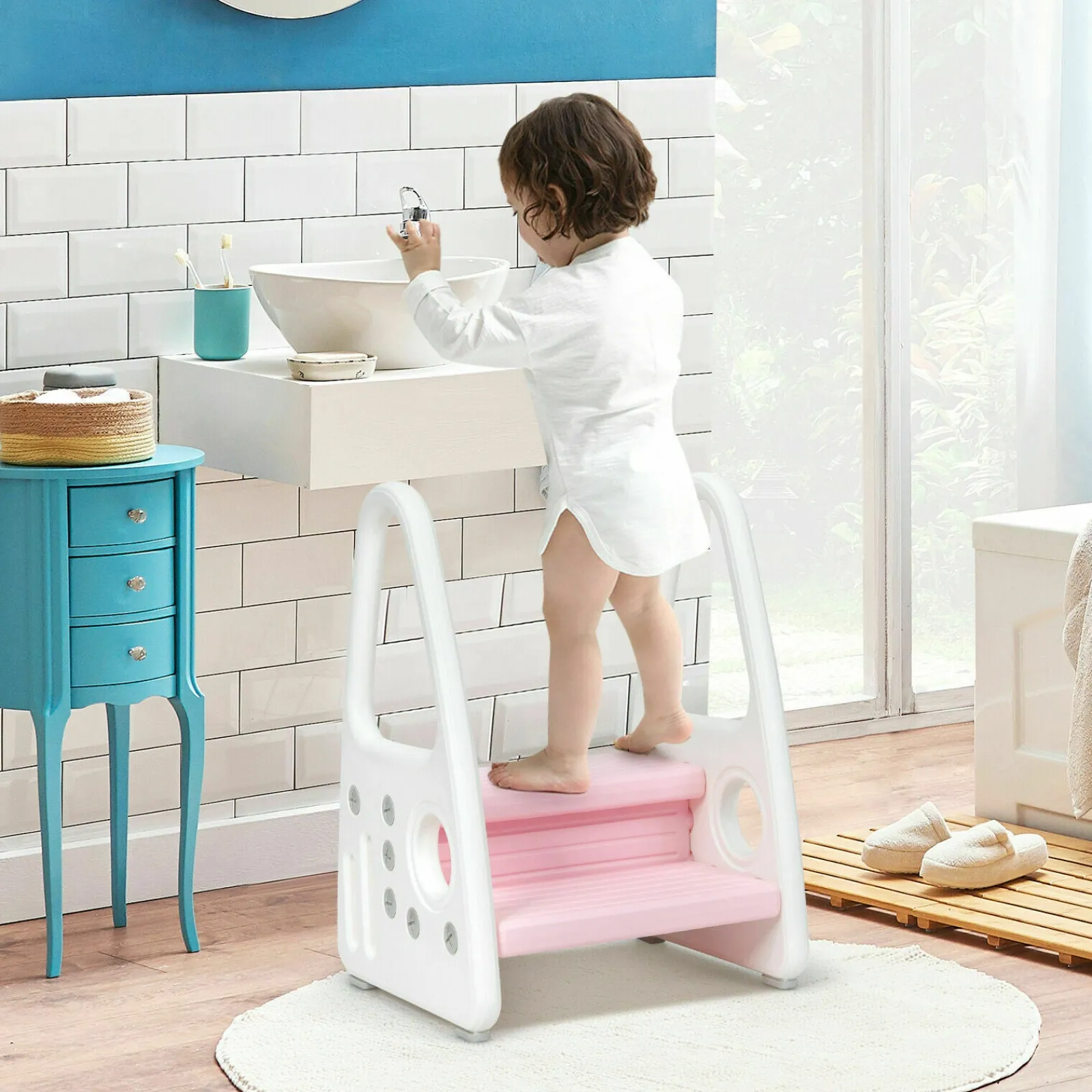 Little Helper Chairs & Stools | Step Stools | Toddler's Multi-Use Chunky and Funky Non Slip Plastic Step Stool | White & Pink
