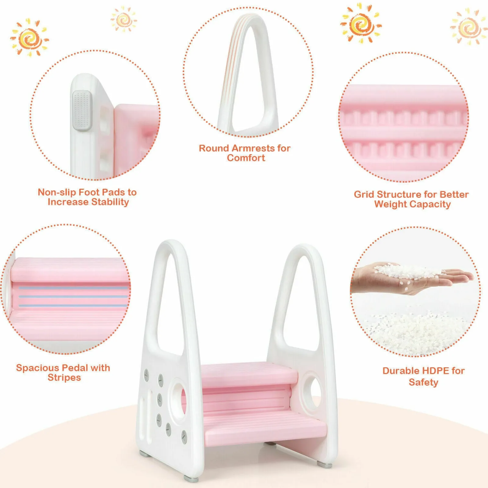 Little Helper Chairs & Stools | Step Stools | Toddler's Multi-Use Chunky and Funky Non Slip Plastic Step Stool | White & Pink