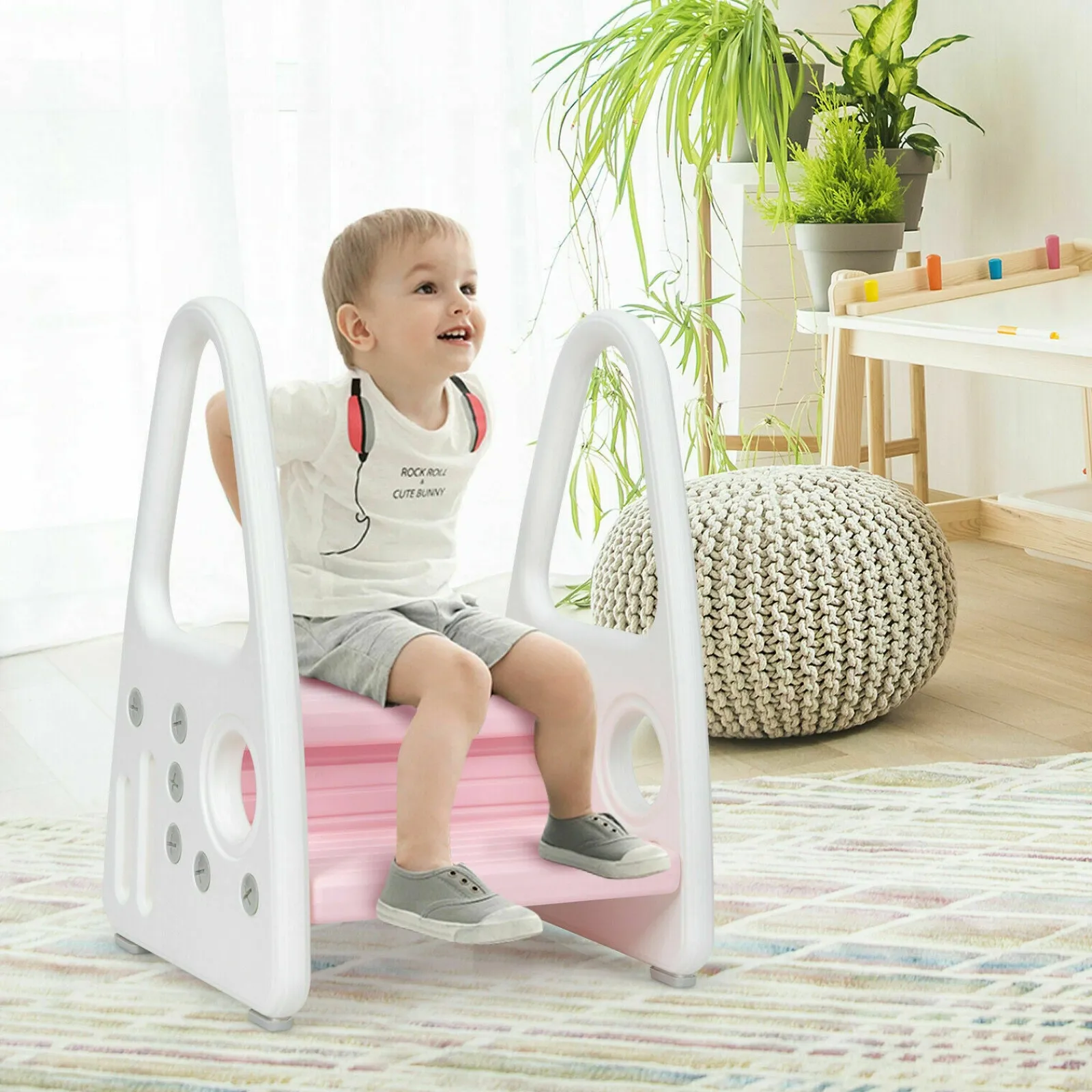 Little Helper Chairs & Stools | Step Stools | Toddler's Multi-Use Chunky and Funky Non Slip Plastic Step Stool | White & Pink