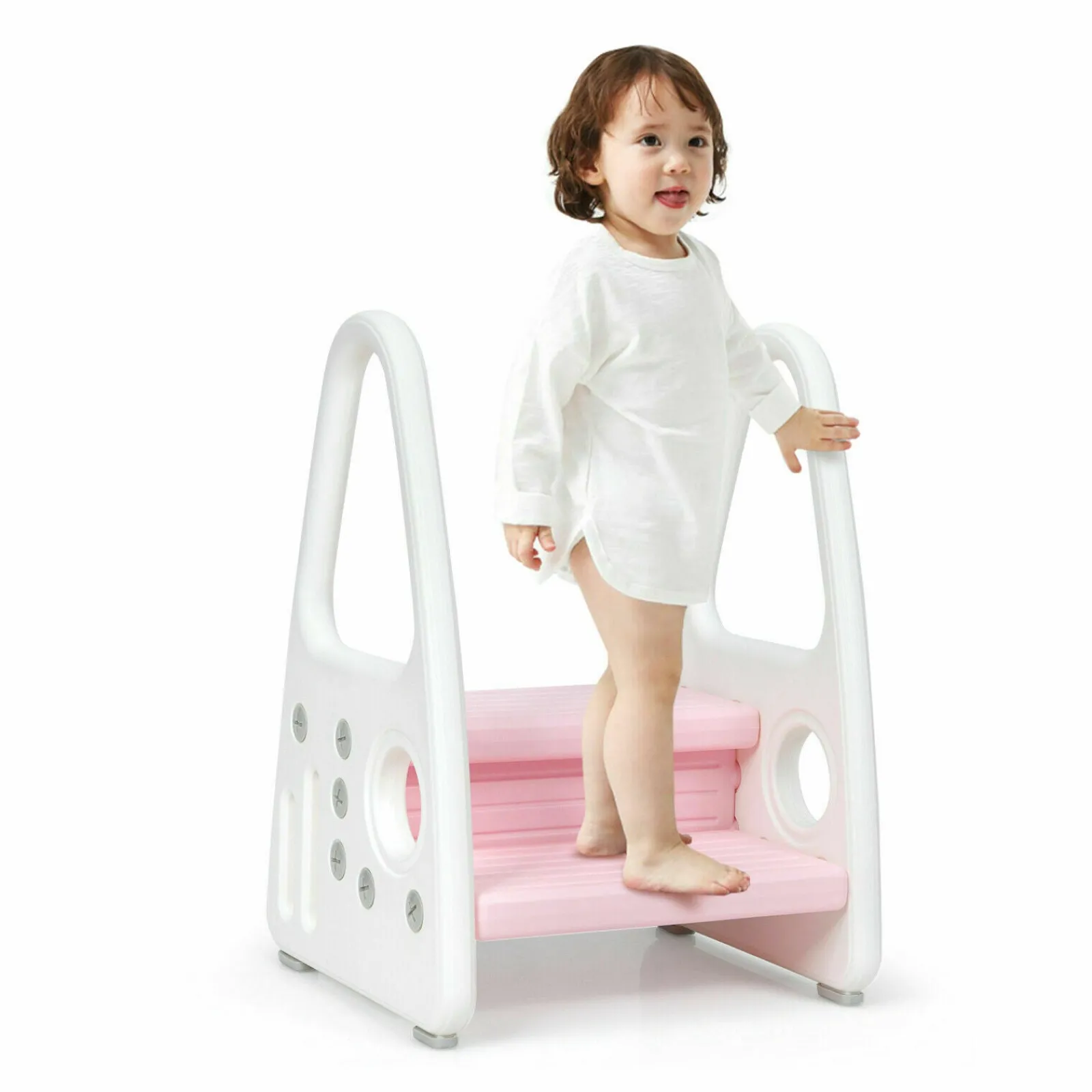 Little Helper Chairs & Stools | Step Stools | Toddler's Multi-Use Chunky and Funky Non Slip Plastic Step Stool | White & Pink