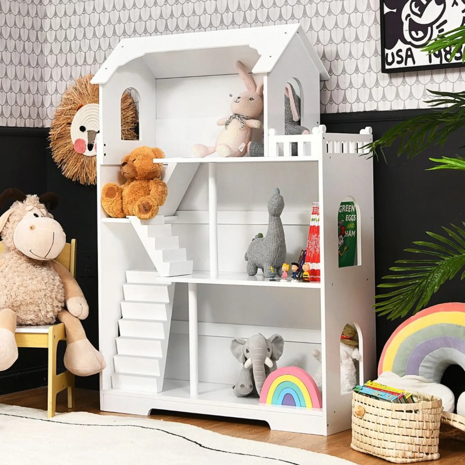 Little Helper Wooden Toys & Educational Toys | Dollhouses | White 3 Tier Large Wooden Montessori Dollhouse Bookcase | Toy Storage