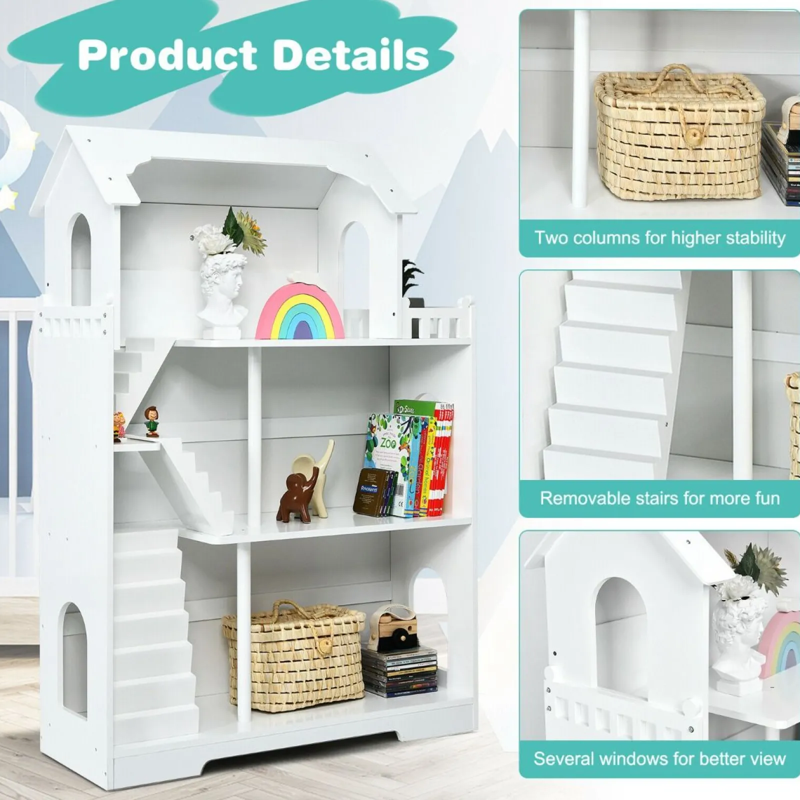 Little Helper Wooden Toys & Educational Toys | Dollhouses | White 3 Tier Large Wooden Montessori Dollhouse Bookcase | Toy Storage
