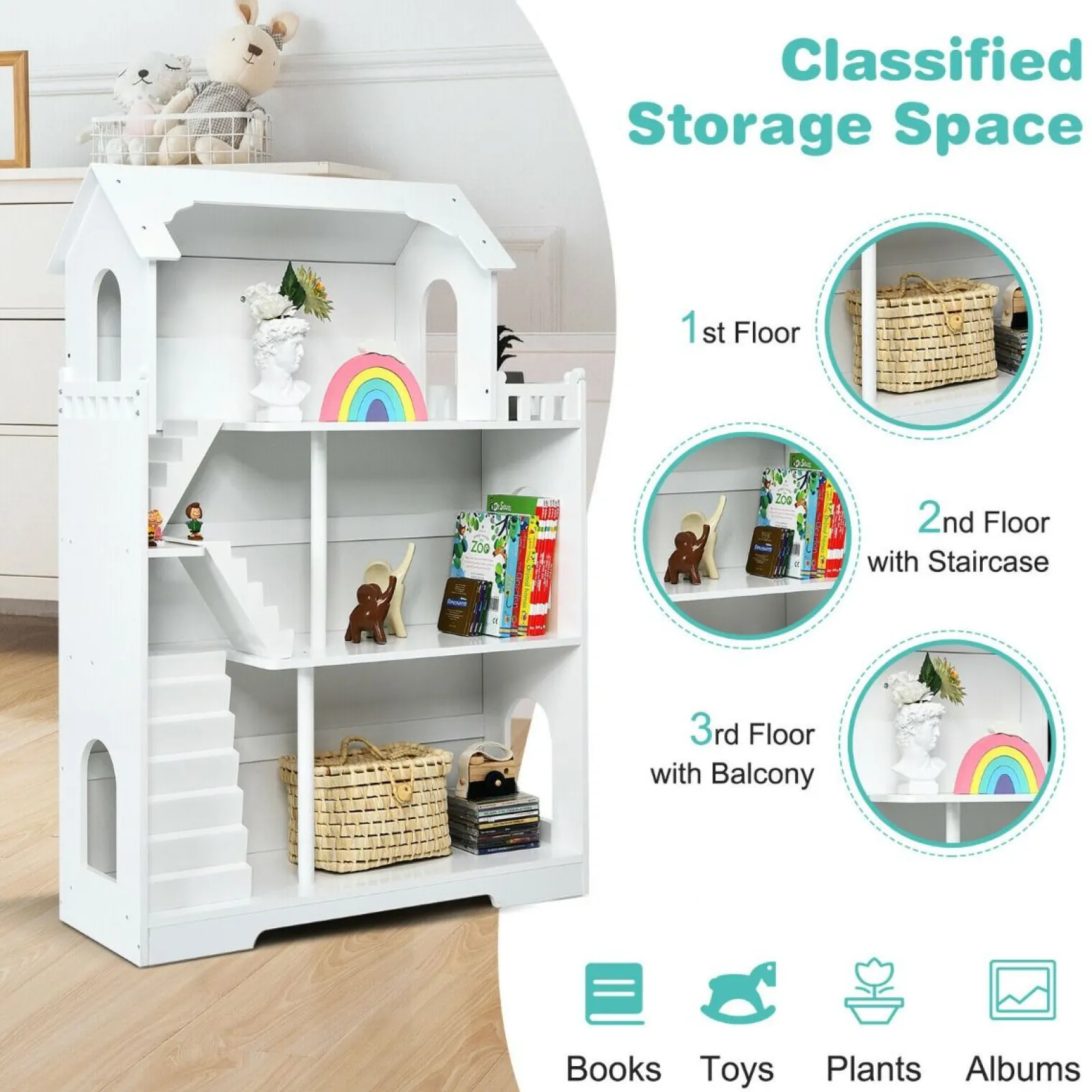 Little Helper Wooden Toys & Educational Toys | Dollhouses | White 3 Tier Large Wooden Montessori Dollhouse Bookcase | Toy Storage