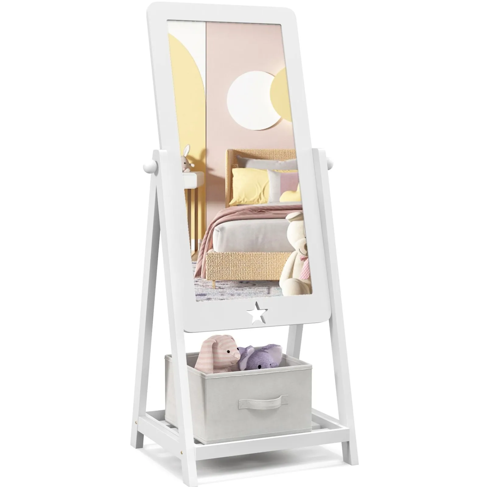 Little Helper Mirrors | White Children's mirror | Freestanding Tilting Mirror with Storage Shelf & Bin | 3-8 Years