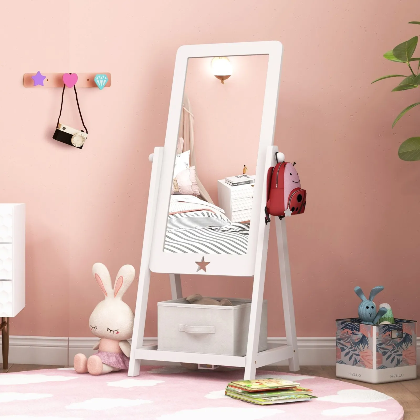 Little Helper Mirrors | White Children's mirror | Freestanding Tilting Mirror with Storage Shelf & Bin | 3-8 Years