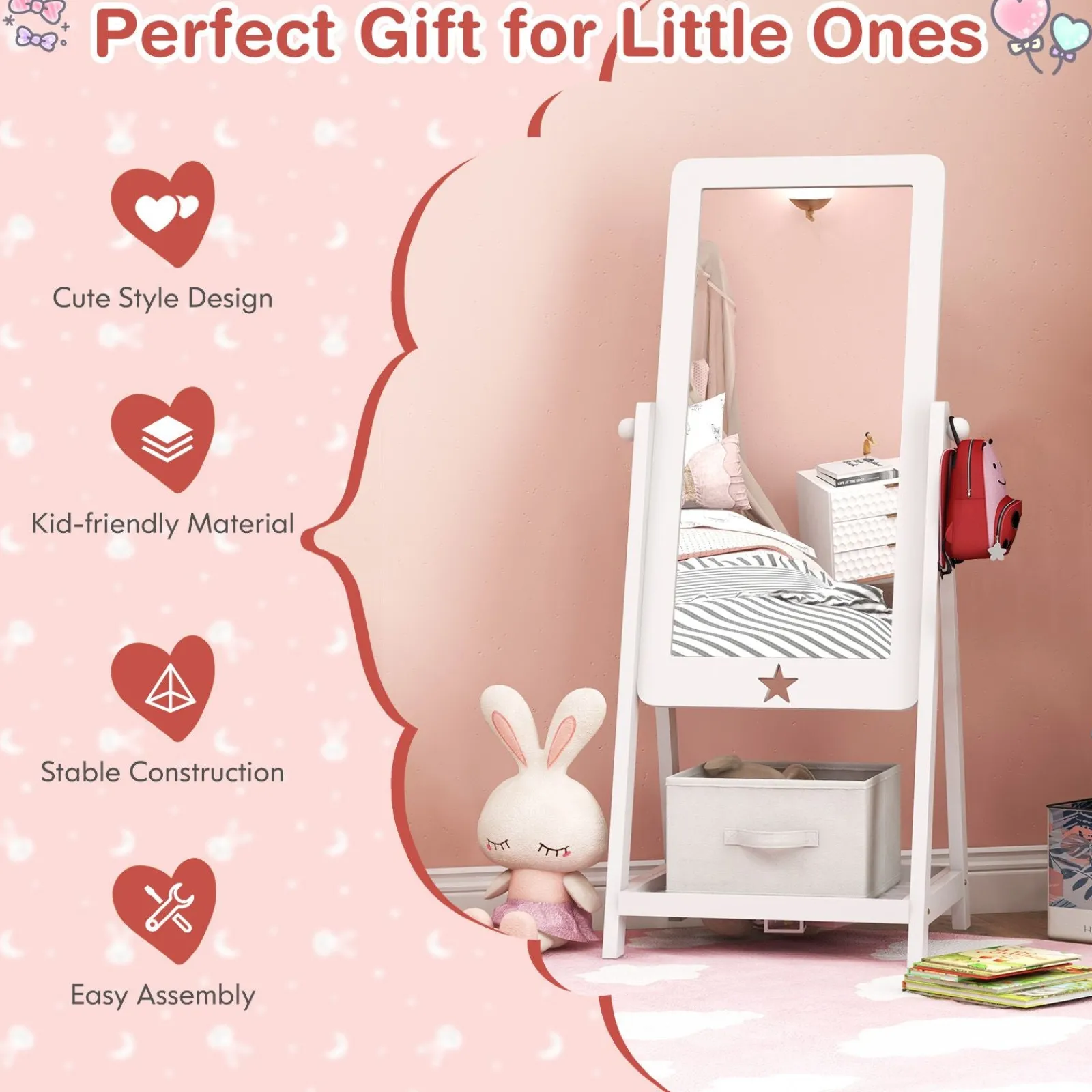 Little Helper Mirrors | White Children's mirror | Freestanding Tilting Mirror with Storage Shelf & Bin | 3-8 Years