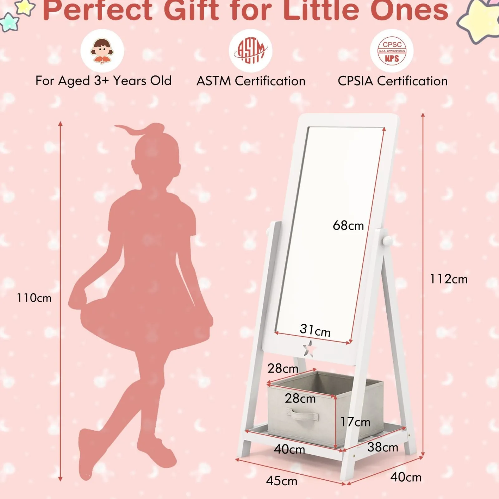 Little Helper Mirrors | White Children's mirror | Freestanding Tilting Mirror with Storage Shelf & Bin | 3-8 Years