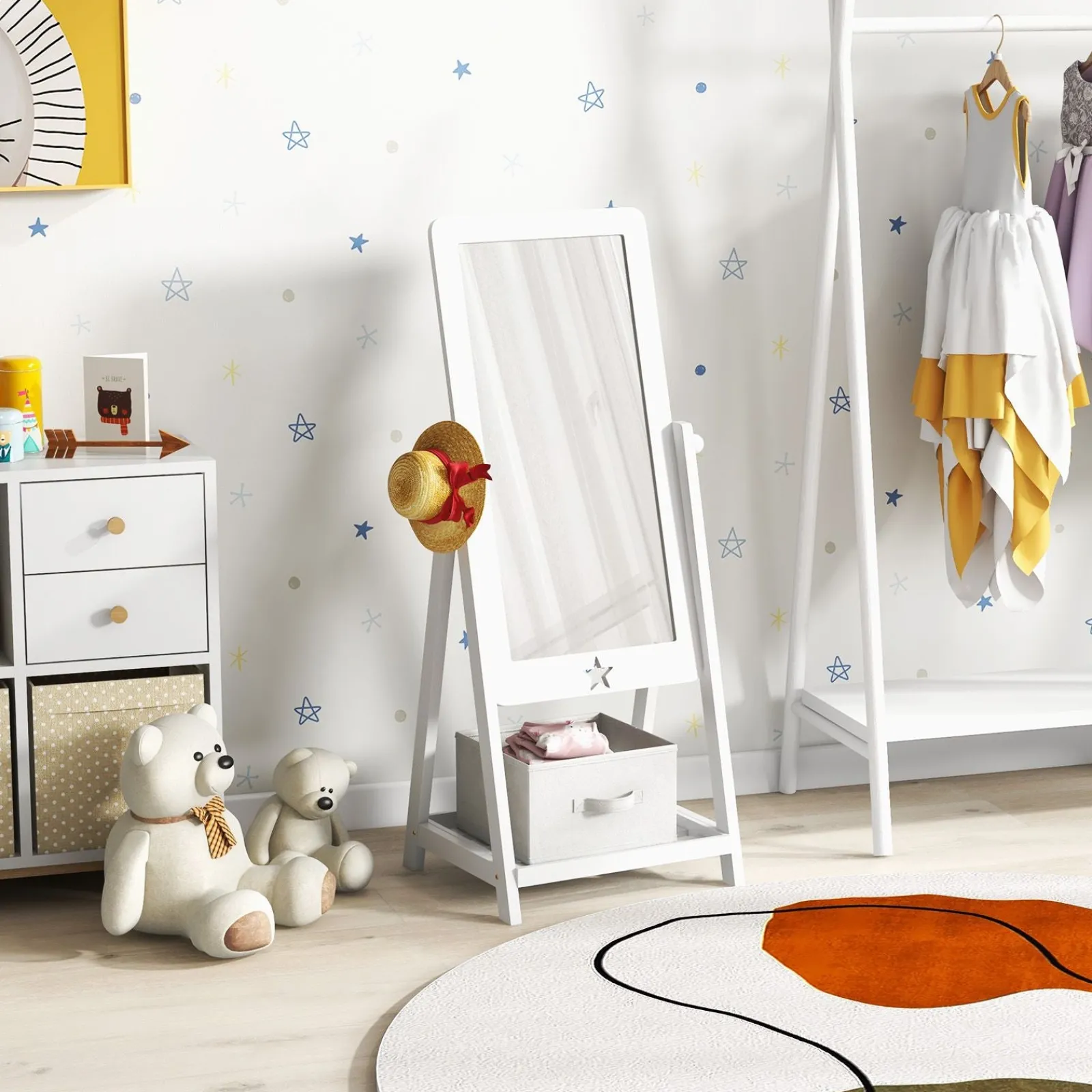 Little Helper Mirrors | White Children's mirror | Freestanding Tilting Mirror with Storage Shelf & Bin | 3-8 Years
