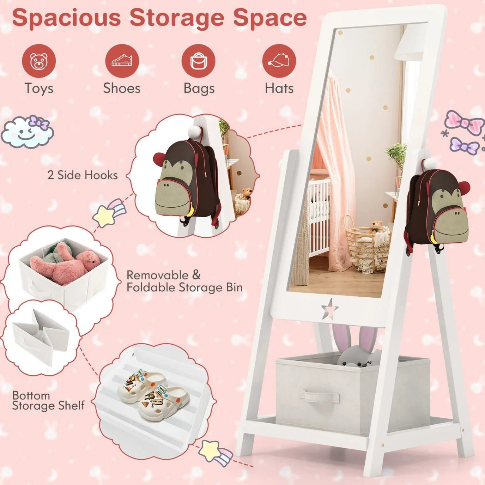 Little Helper Mirrors | White Children's mirror | Freestanding Tilting Mirror with Storage Shelf & Bin | 3-8 Years