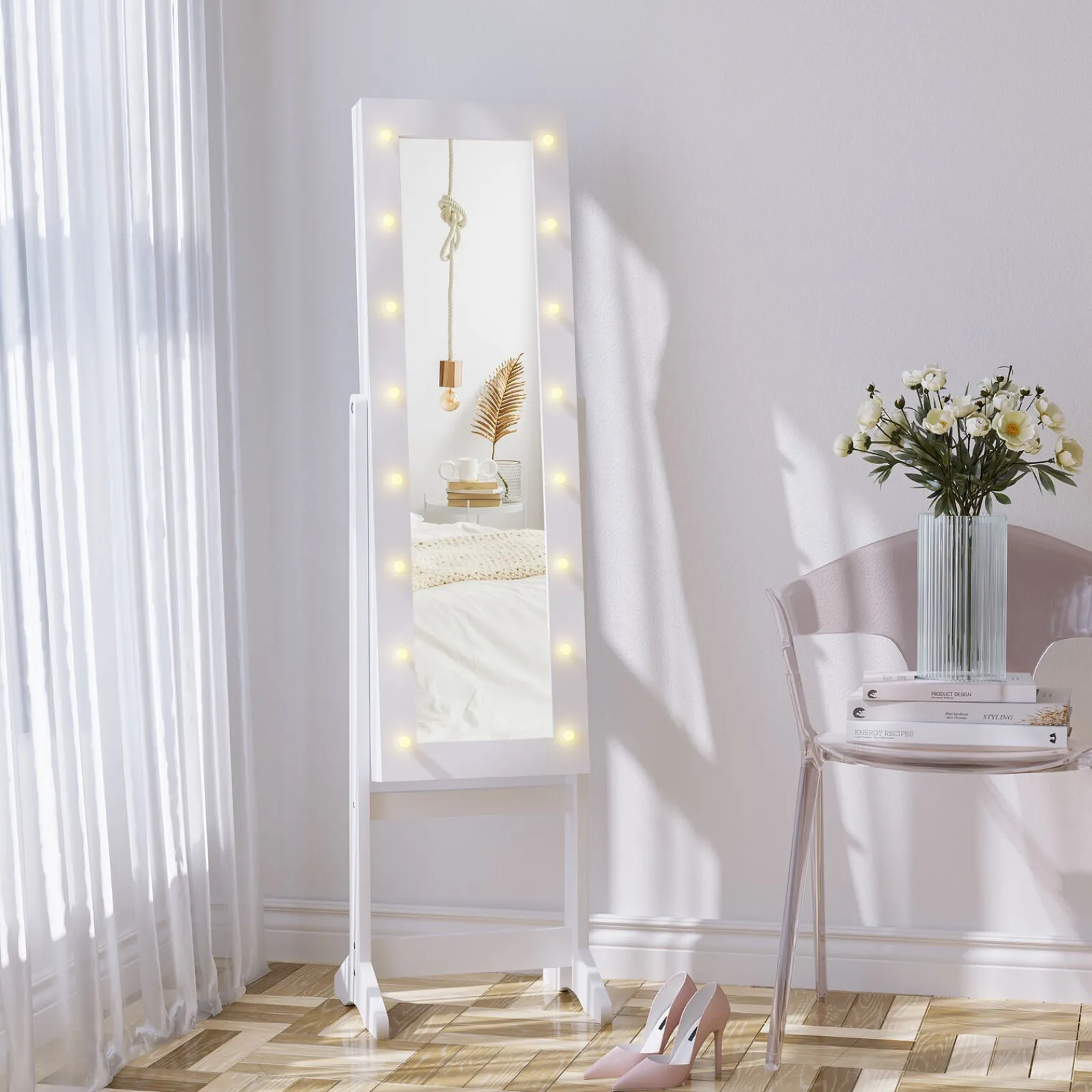 Little Helper Mirrors | White LED Full Length Free Standing Mirror | 16 Large Marquee Lights | Jewellery Storage | 1.46m High