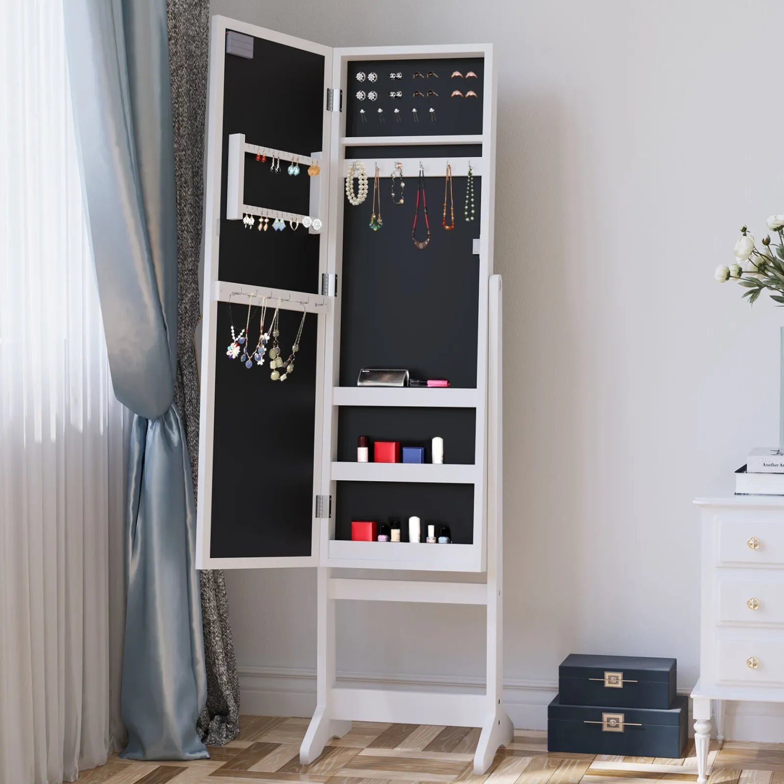 Little Helper Mirrors | White LED Full Length Free Standing Mirror | 16 Large Marquee Lights | Jewellery Storage | 1.46m High