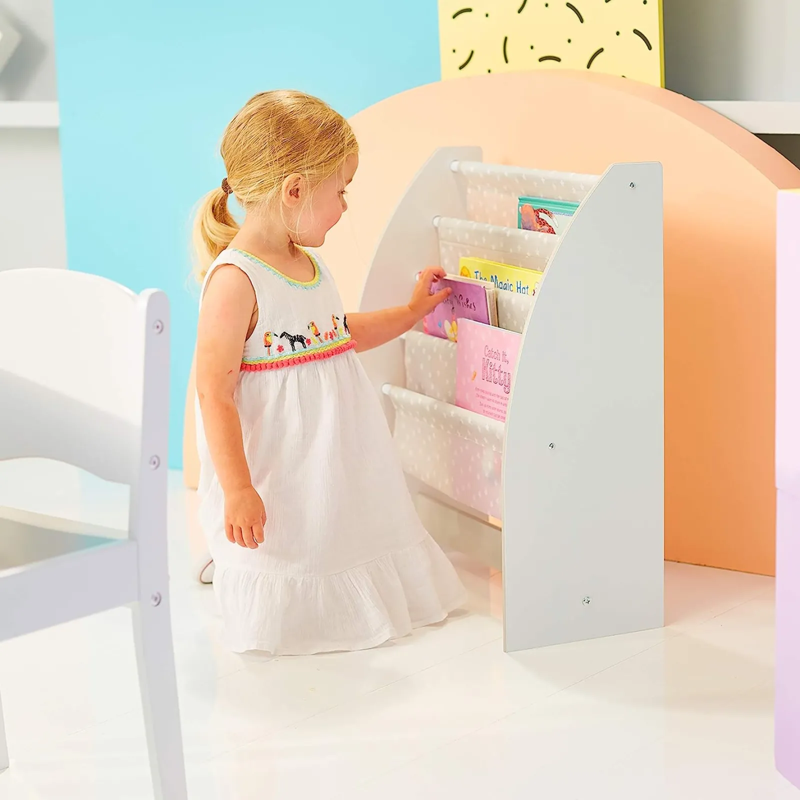 Little Helper Bookcases & Kids Bookshelves | Kids Bookcases & Kids Bookshelves | White Starry Night 4 Tier Sling BookCase | Childrens Bookcase | Kids Bookshelf