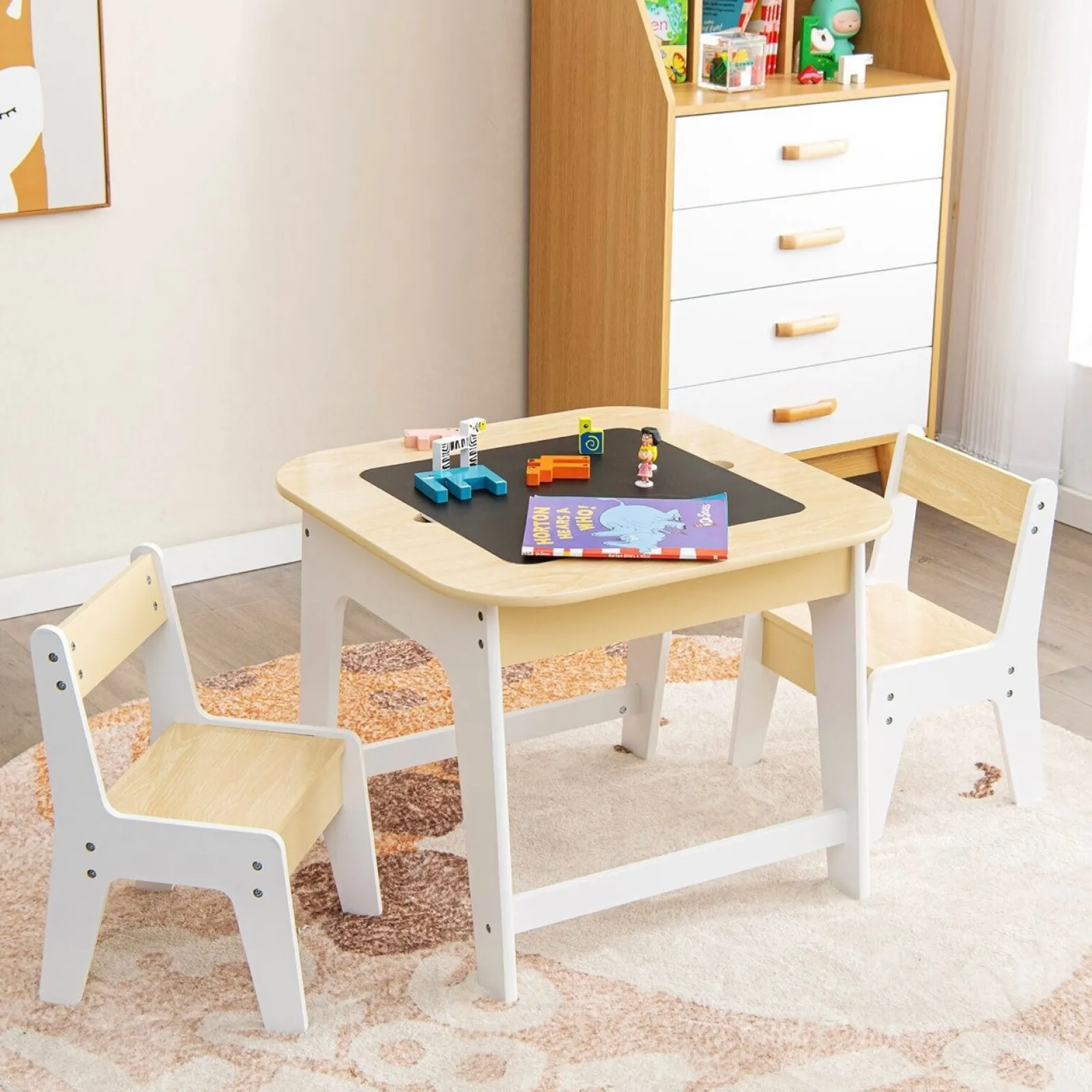 Little Helper Table & Chairs (wooden) | White Wooden Kids Table and 2 Chairs Set | Double Sided Table Top | Storage