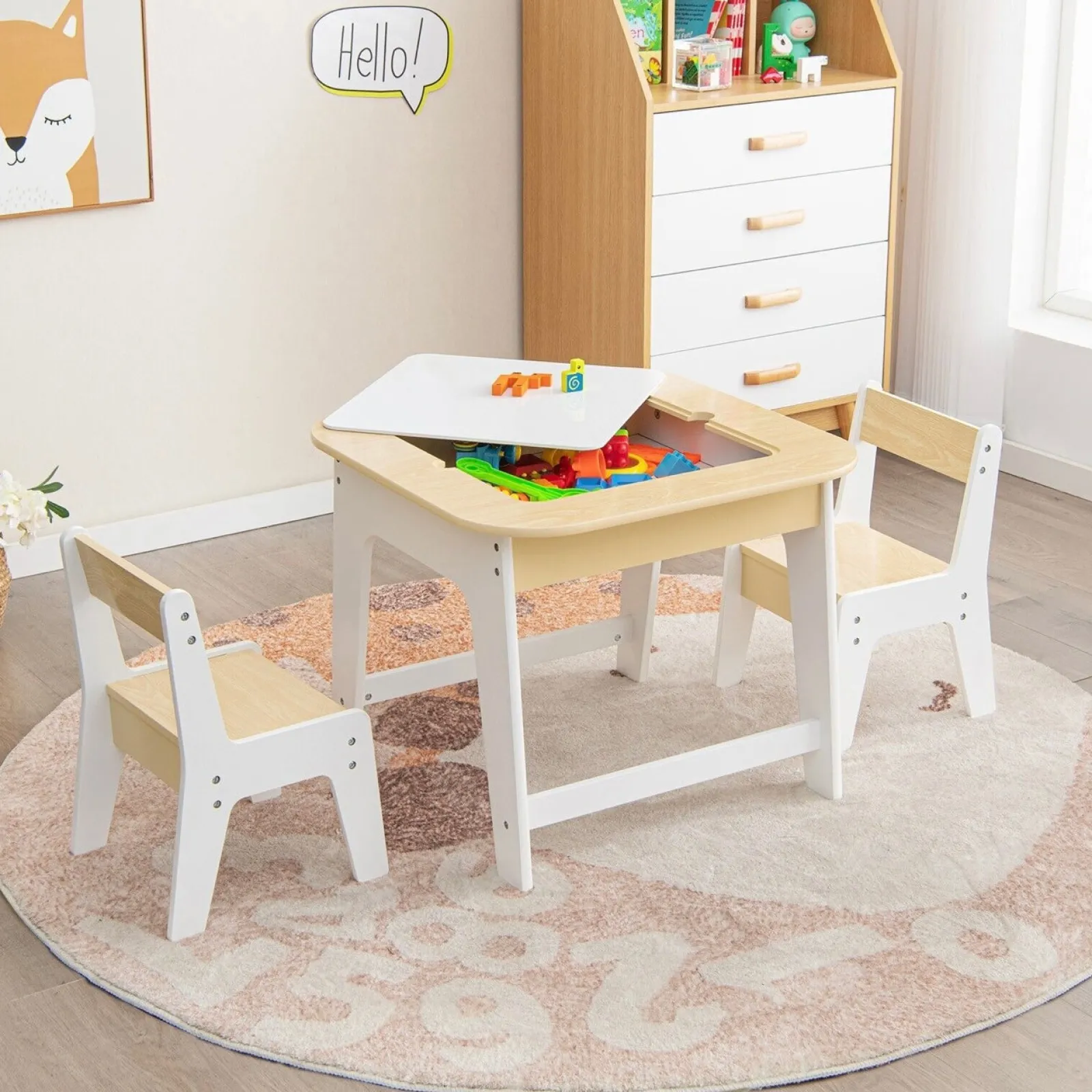 Little Helper Table & Chairs (wooden) | White Wooden Kids Table and 2 Chairs Set | Double Sided Table Top | Storage