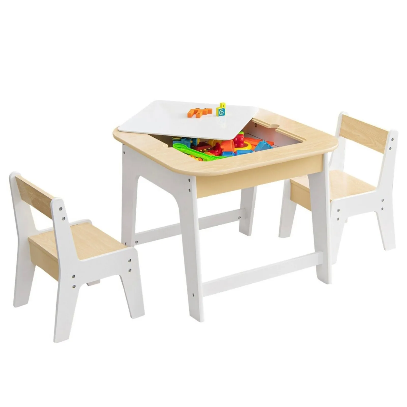 Little Helper Table & Chairs (wooden) | White Wooden Kids Table and 2 Chairs Set | Double Sided Table Top | Storage