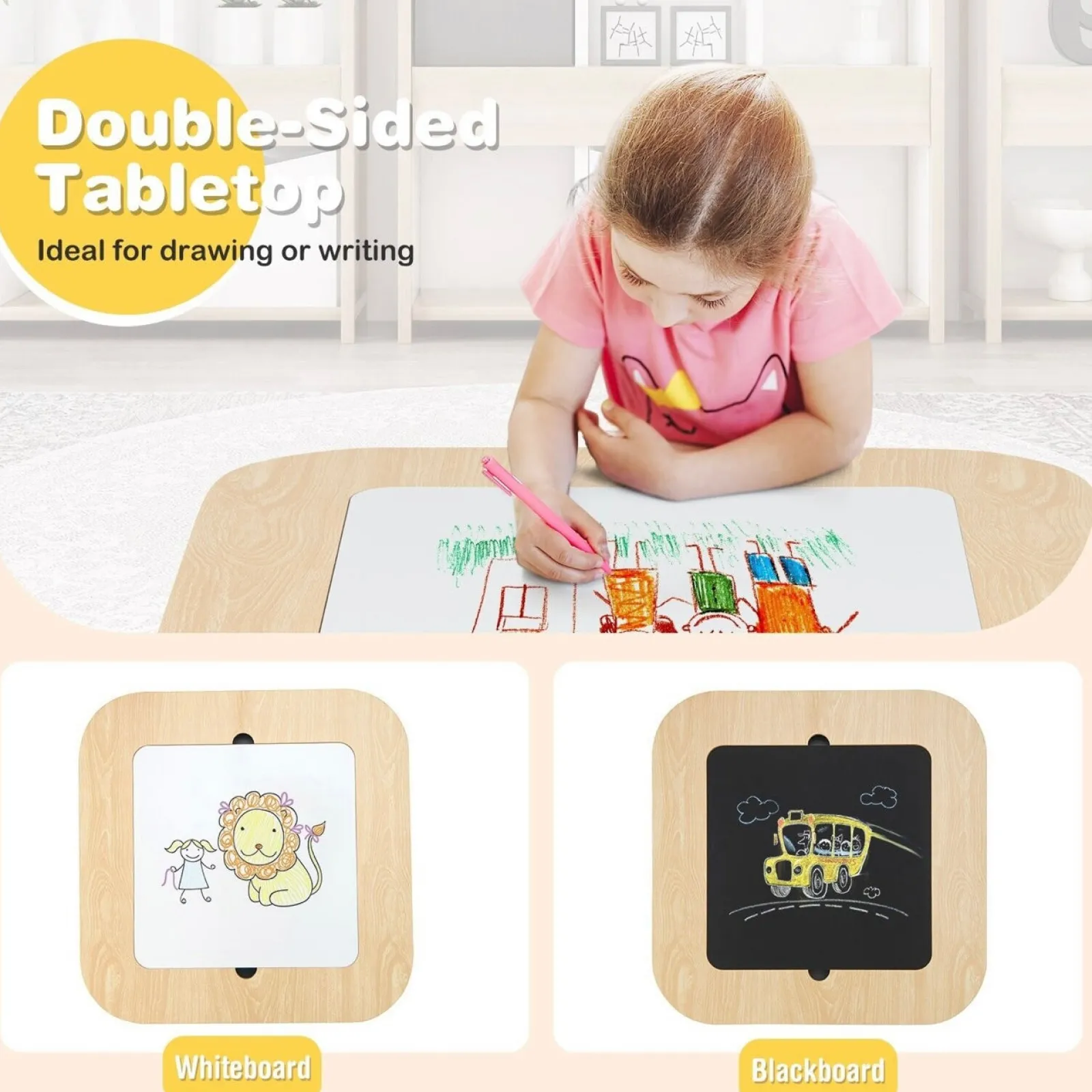 Little Helper Table & Chairs (wooden) | White Wooden Kids Table and 2 Chairs Set | Double Sided Table Top | Storage