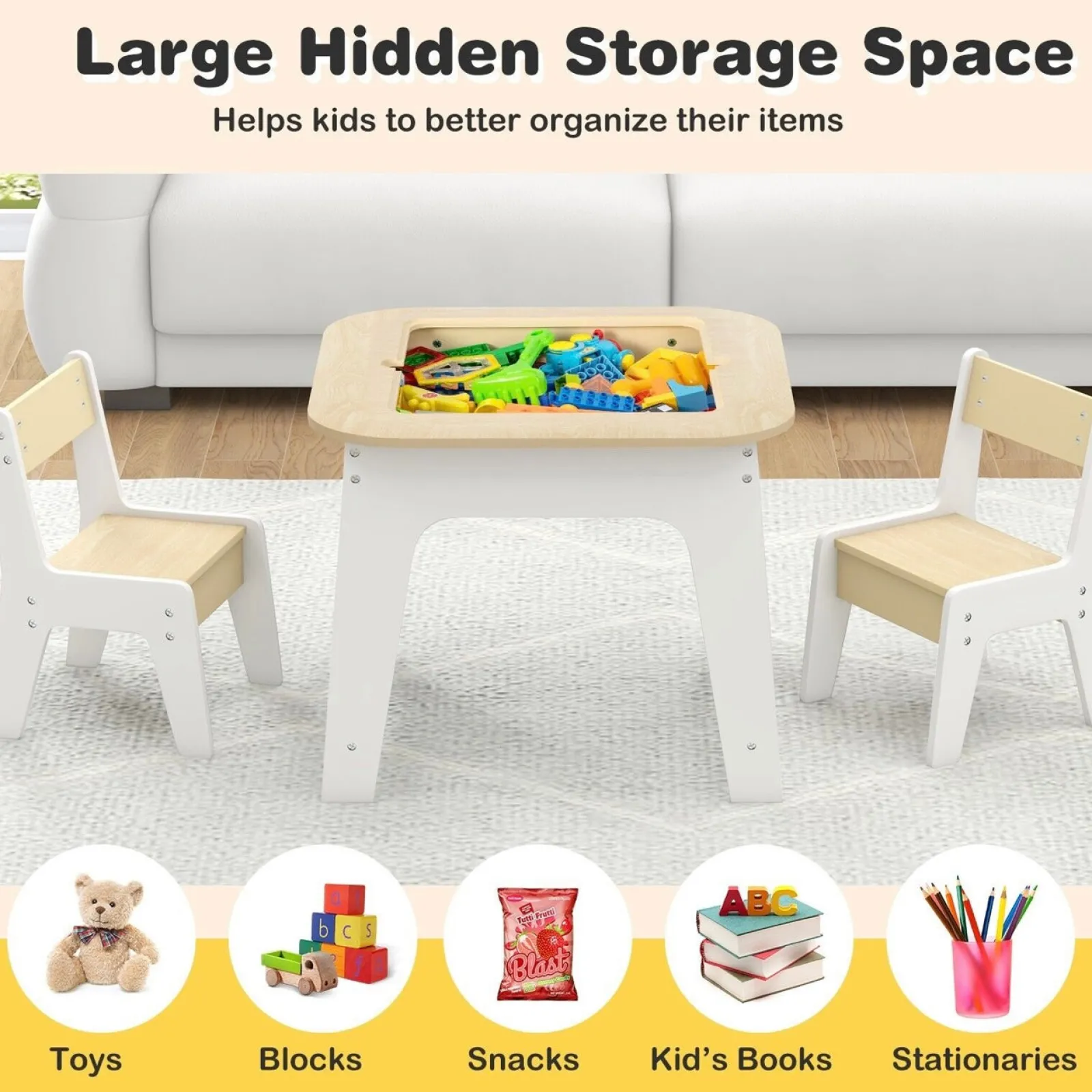 Little Helper Table & Chairs (wooden) | White Wooden Kids Table and 2 Chairs Set | Double Sided Table Top | Storage