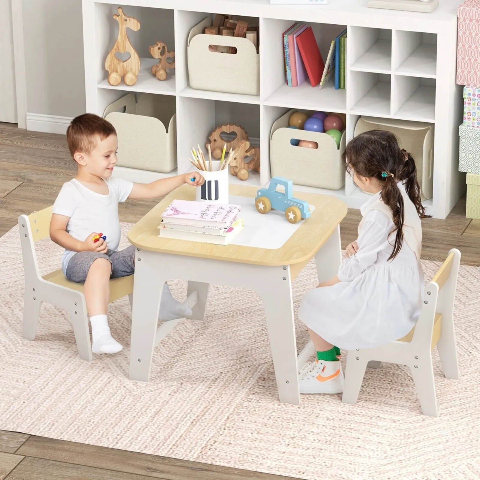 Little Helper Table & Chairs (wooden) | White Wooden Kids Table and 2 Chairs Set | Double Sided Table Top | Storage