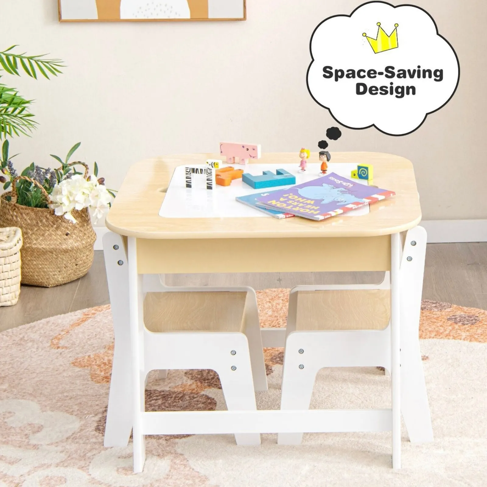 Little Helper Table & Chairs (wooden) | White Wooden Kids Table and 2 Chairs Set | Double Sided Table Top | Storage