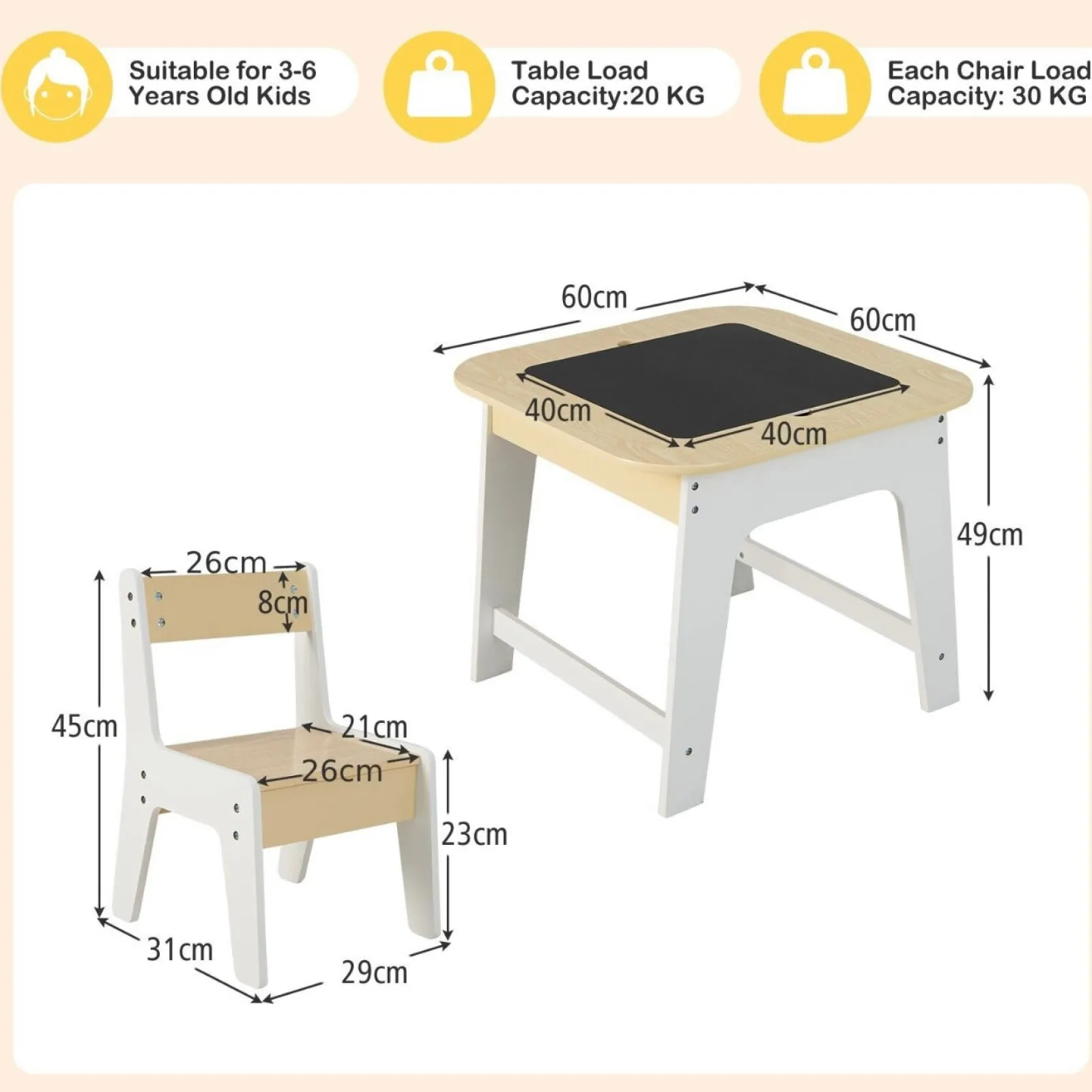 Little Helper Table & Chairs (wooden) | White Wooden Kids Table and 2 Chairs Set | Double Sided Table Top | Storage