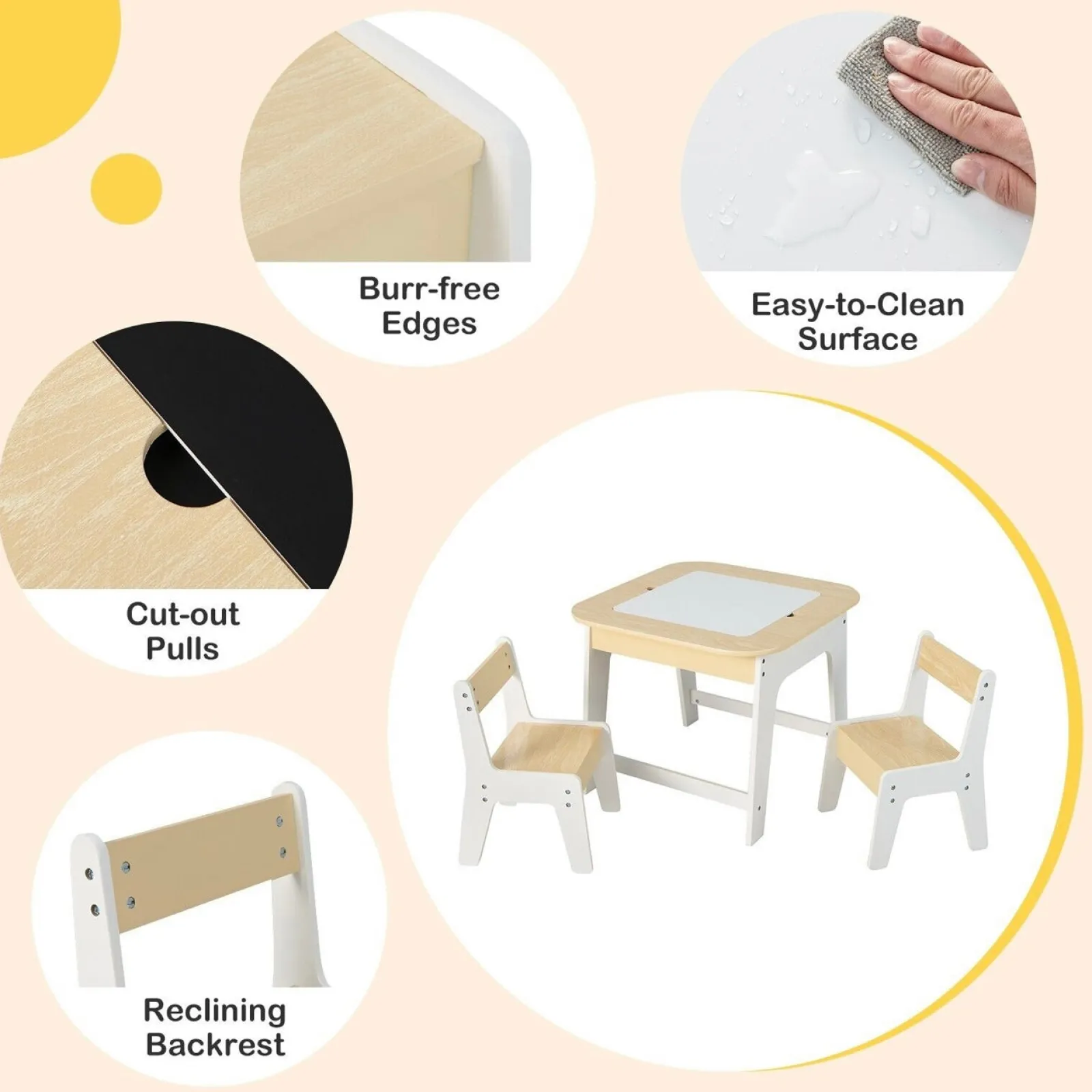 Little Helper Table & Chairs (wooden) | White Wooden Kids Table and 2 Chairs Set | Double Sided Table Top | Storage