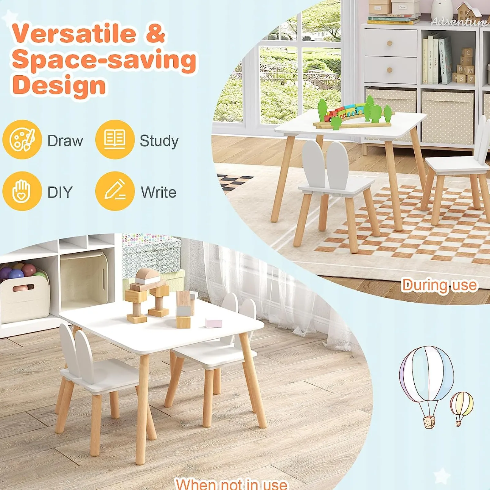Little Helper Table & Chairs (wooden) | White Wooden Table and 2 Chairs Set | Kids Modern Activity Desk | White | Solid Wood