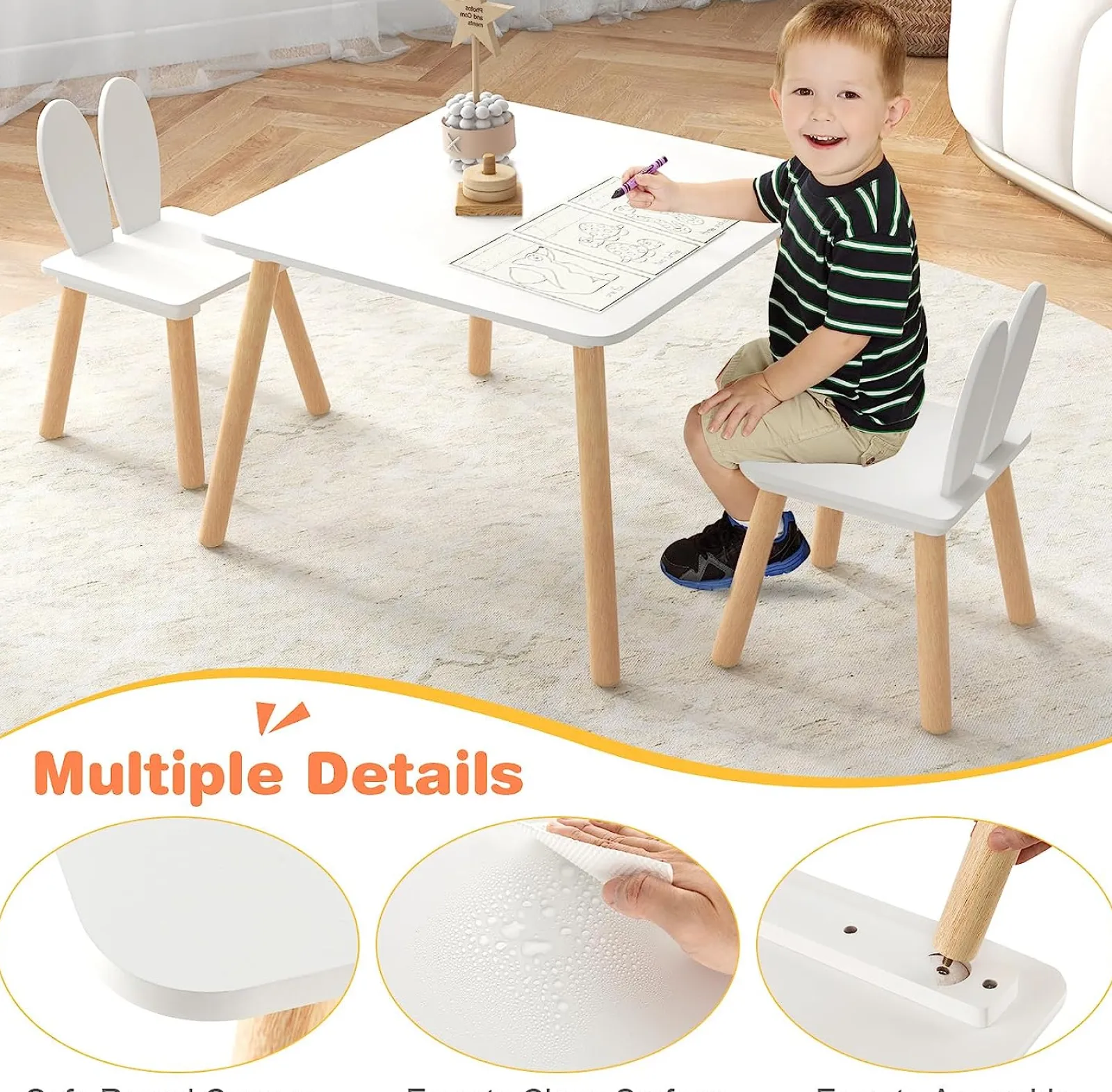 Little Helper Table & Chairs (wooden) | White Wooden Table and 2 Chairs Set | Kids Modern Activity Desk | White | Solid Wood