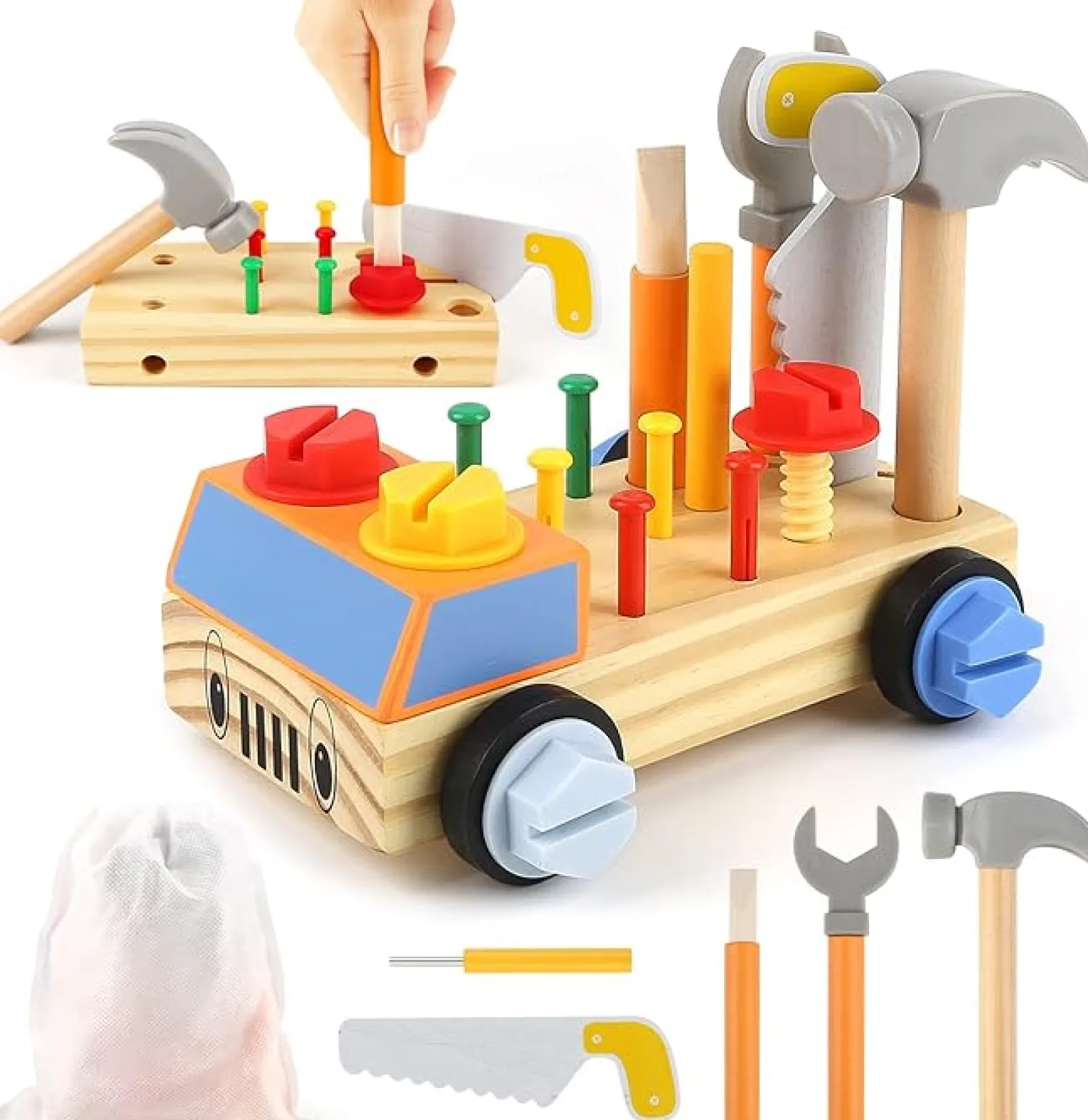 Little Helper Wooden Toys & Educational Toys | Role Play Toys & Pretend Play | Wooden Montessori Toy Truck | Workbench | Wooden Tools Playset | 29pcs | 36m*