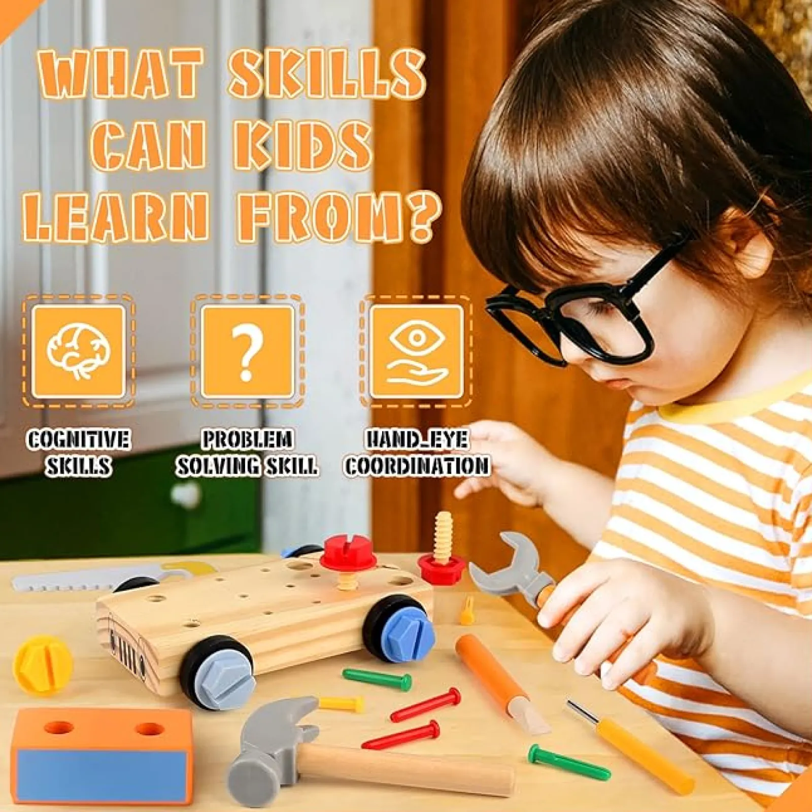 Little Helper Wooden Toys & Educational Toys | Role Play Toys & Pretend Play | Wooden Montessori Toy Truck | Workbench | Wooden Tools Playset | 29pcs | 36m*