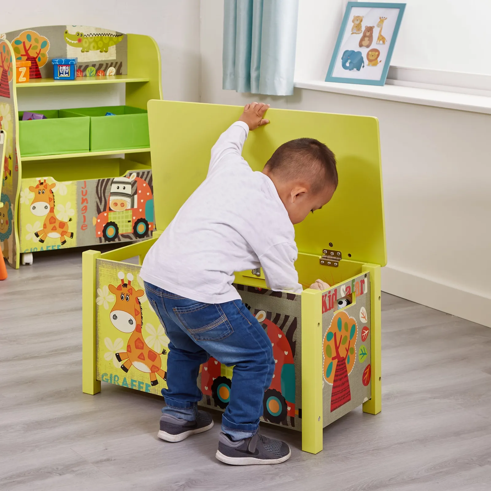 Little Helper Toy Box & Blanket Box | Toy Box & Blanket Box | Wooden Toy Box | Children's Colourful Wooden Safari | Jungle Toy Box | Toy Storage