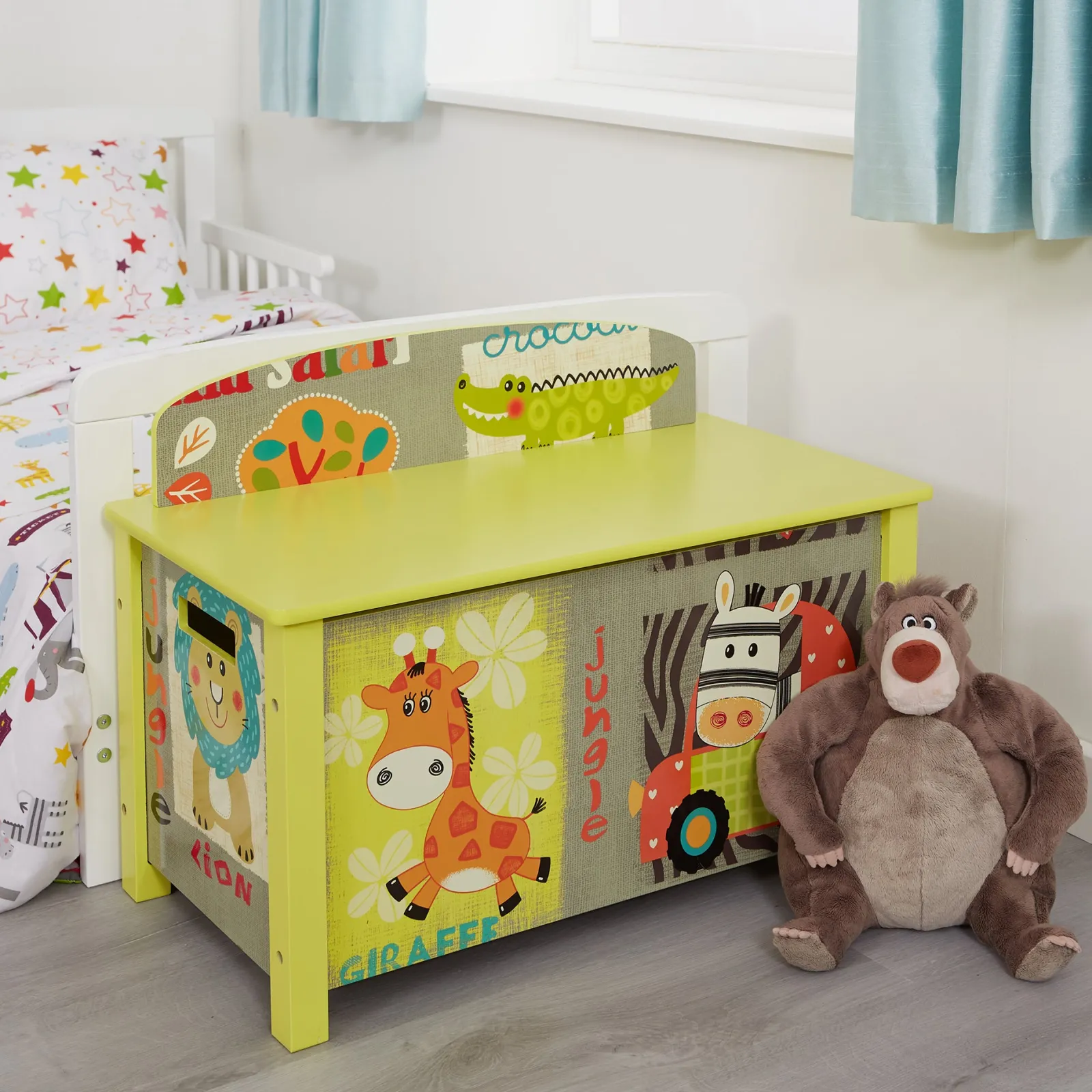 Little Helper Toy Box & Blanket Box | Toy Box & Blanket Box | Wooden Toy Box | Children's Colourful Wooden Safari | Jungle Toy Box | Toy Storage