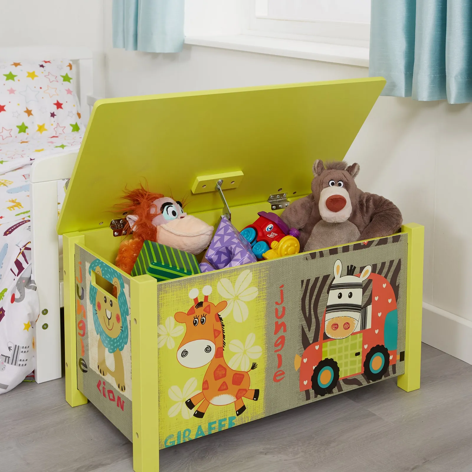 Little Helper Toy Box & Blanket Box | Toy Box & Blanket Box | Wooden Toy Box | Children's Colourful Wooden Safari | Jungle Toy Box | Toy Storage