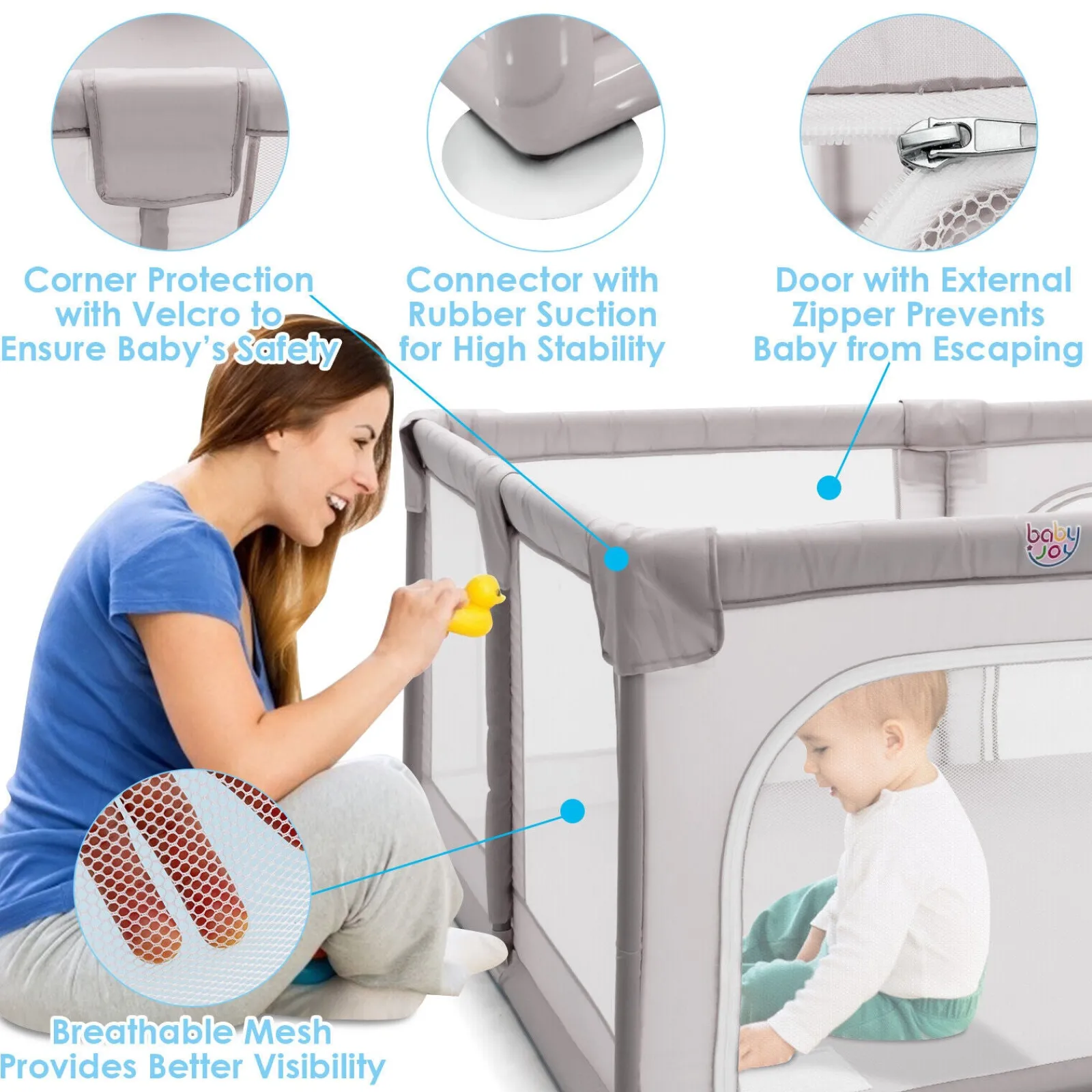 Little Helper Baby Playpens | Travel Cots & Travel Beds | XXL Baby Playpen and Ball Pool | 50 FREE balls & 4 FREE pull-up rings | 2m x 1.92m | Grey