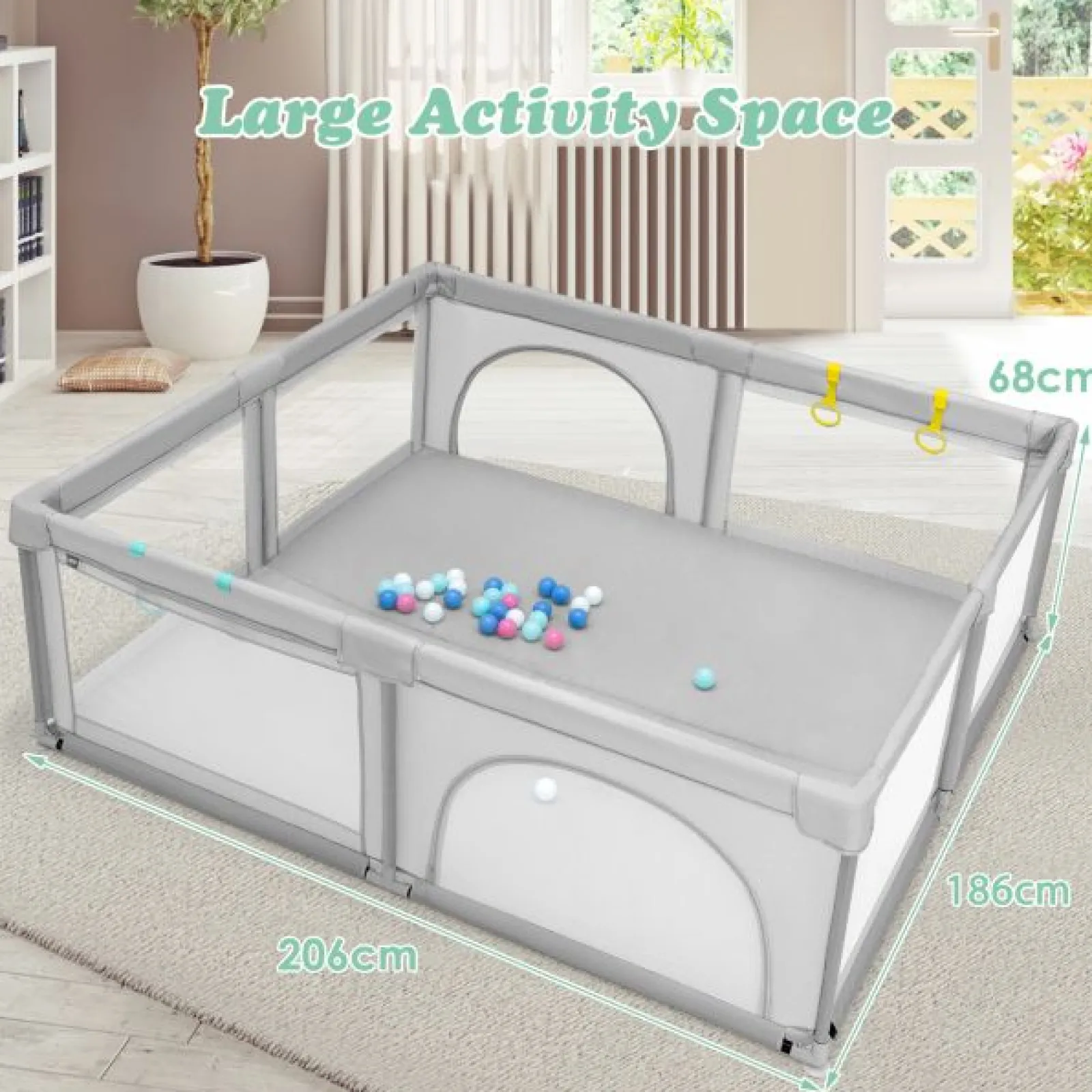 Little Helper Baby Playpens | Travel Cots & Travel Beds | XXL Baby Playpen and Ball Pool | 50 FREE balls & 4 FREE pull-up rings | 2m x 1.92m | Grey