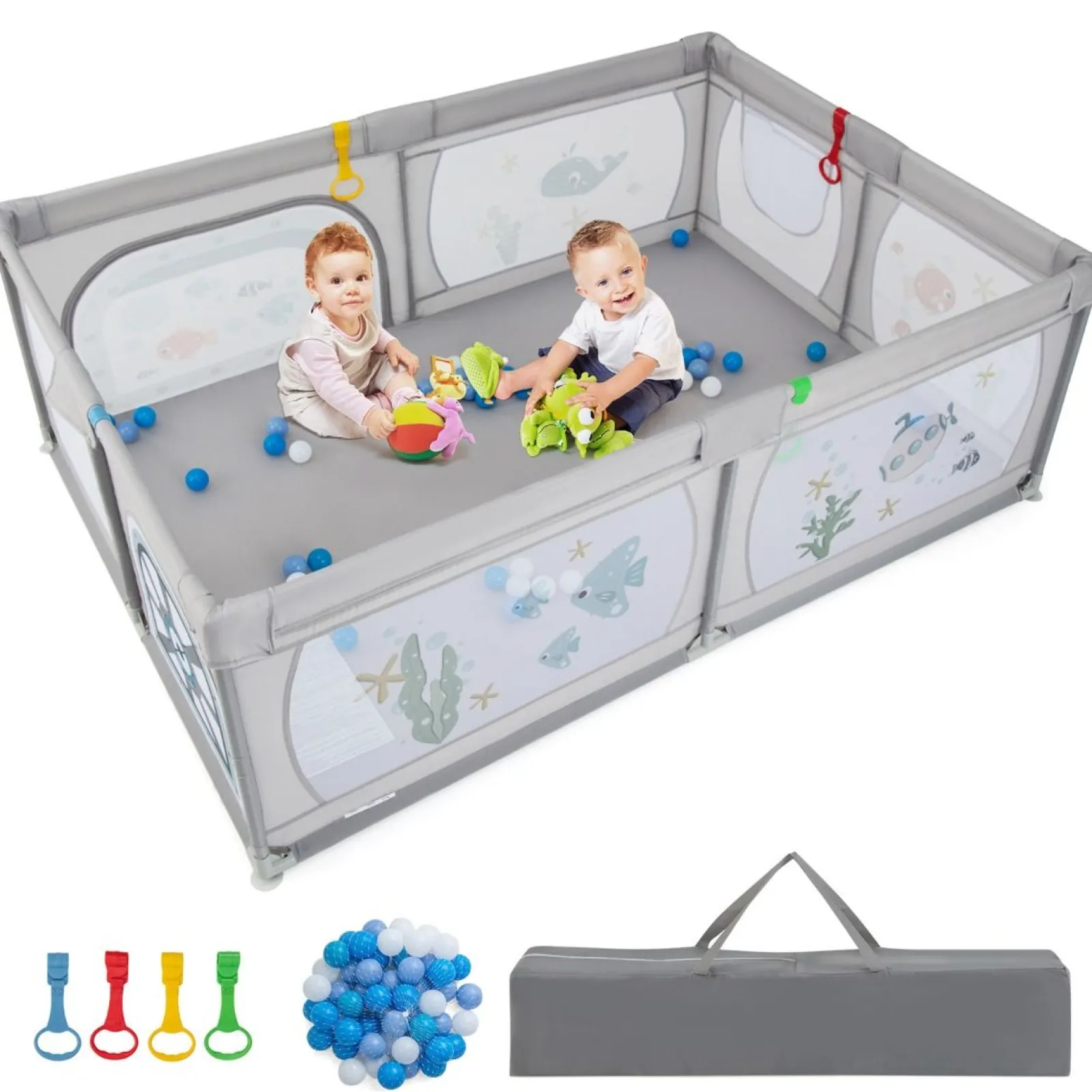Little Helper Ball Pits & Ball Pools | Baby Playpens | XXL Baby Playpen and Ball Pool with Carry Bag & Pull-up Rings | Mesh Fabric | 2. x 1.47m | Fish Friends | Grey