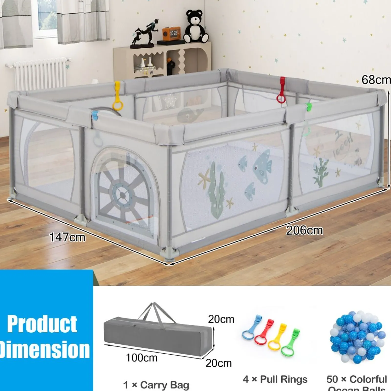 Little Helper Ball Pits & Ball Pools | Baby Playpens | XXL Baby Playpen and Ball Pool with Carry Bag & Pull-up Rings | Mesh Fabric | 2. x 1.47m | Fish Friends | Grey