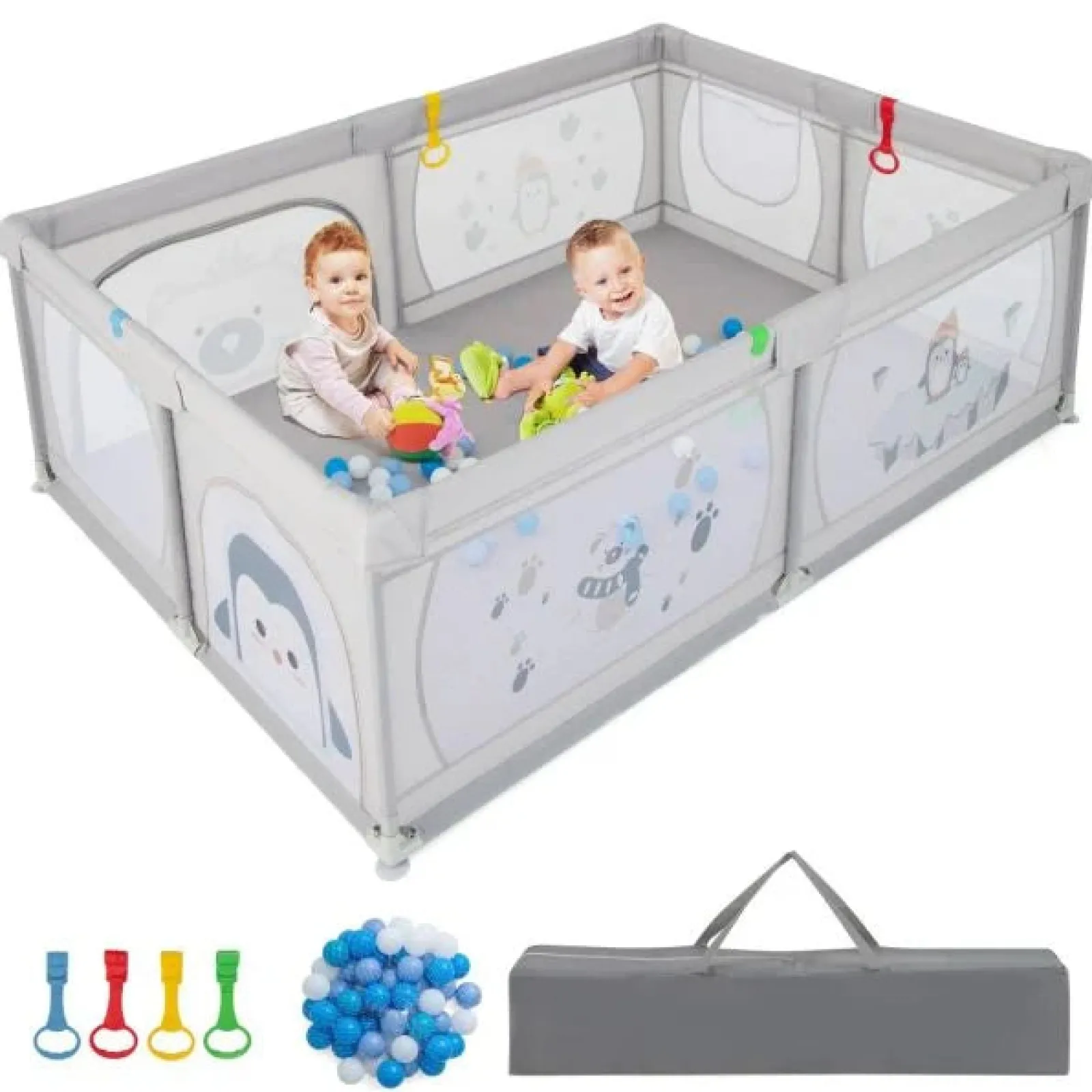 Little Helper Ball Pits & Ball Pools | Baby Playpens | XXL Baby Playpen and Ball Pool with Carry Bag & Pull-up Rings | Mesh Fabric | 2. x 1.47m | Polar Pals | Grey