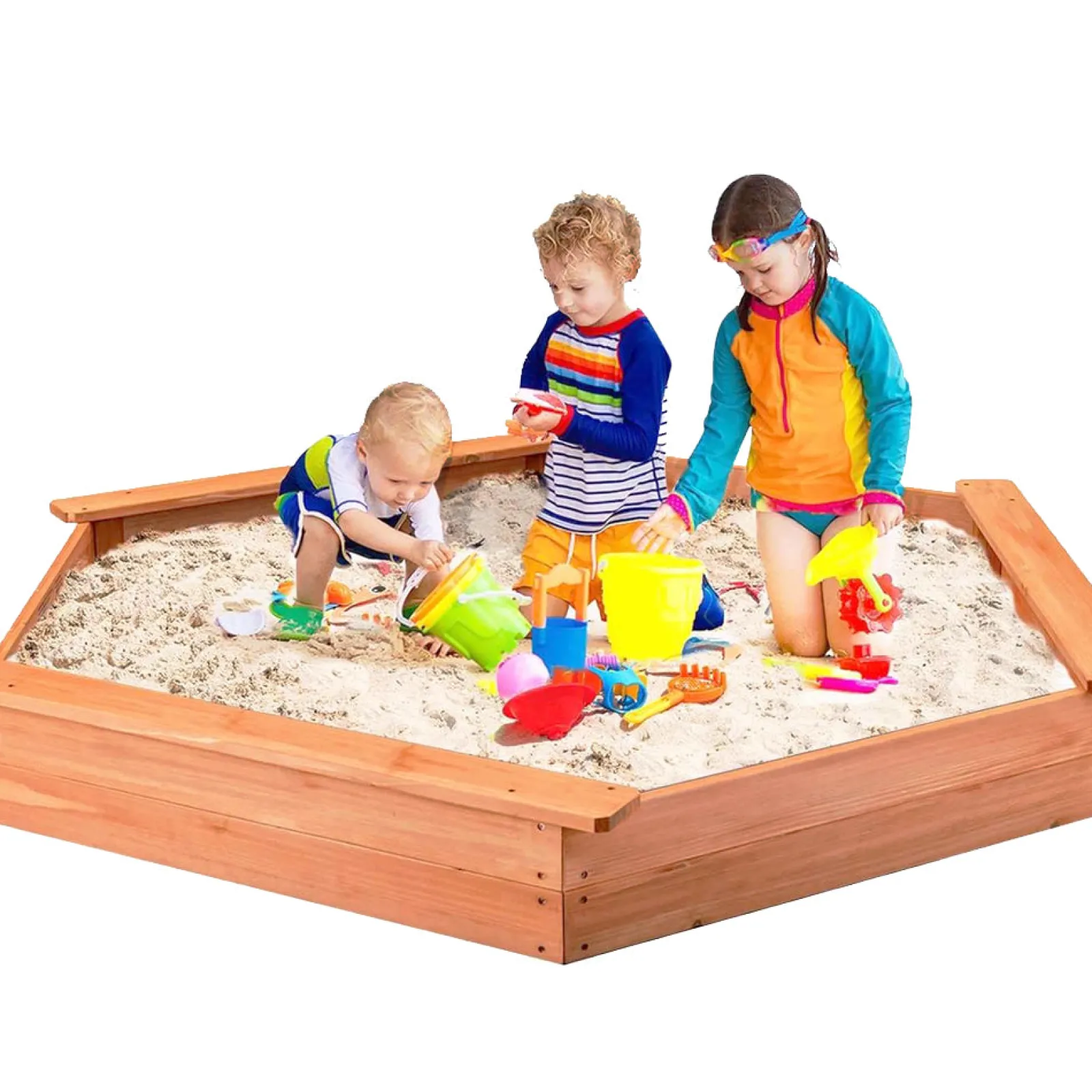 Little Helper Sand & Water Table & Sandpits & Mud Kitchens | Montessori Toys & Products | XXL Premium Hexaganol Eco Fir Wood Montessori Sandpit with FREE Base Liner and Cover | 1.86 x 1.63m