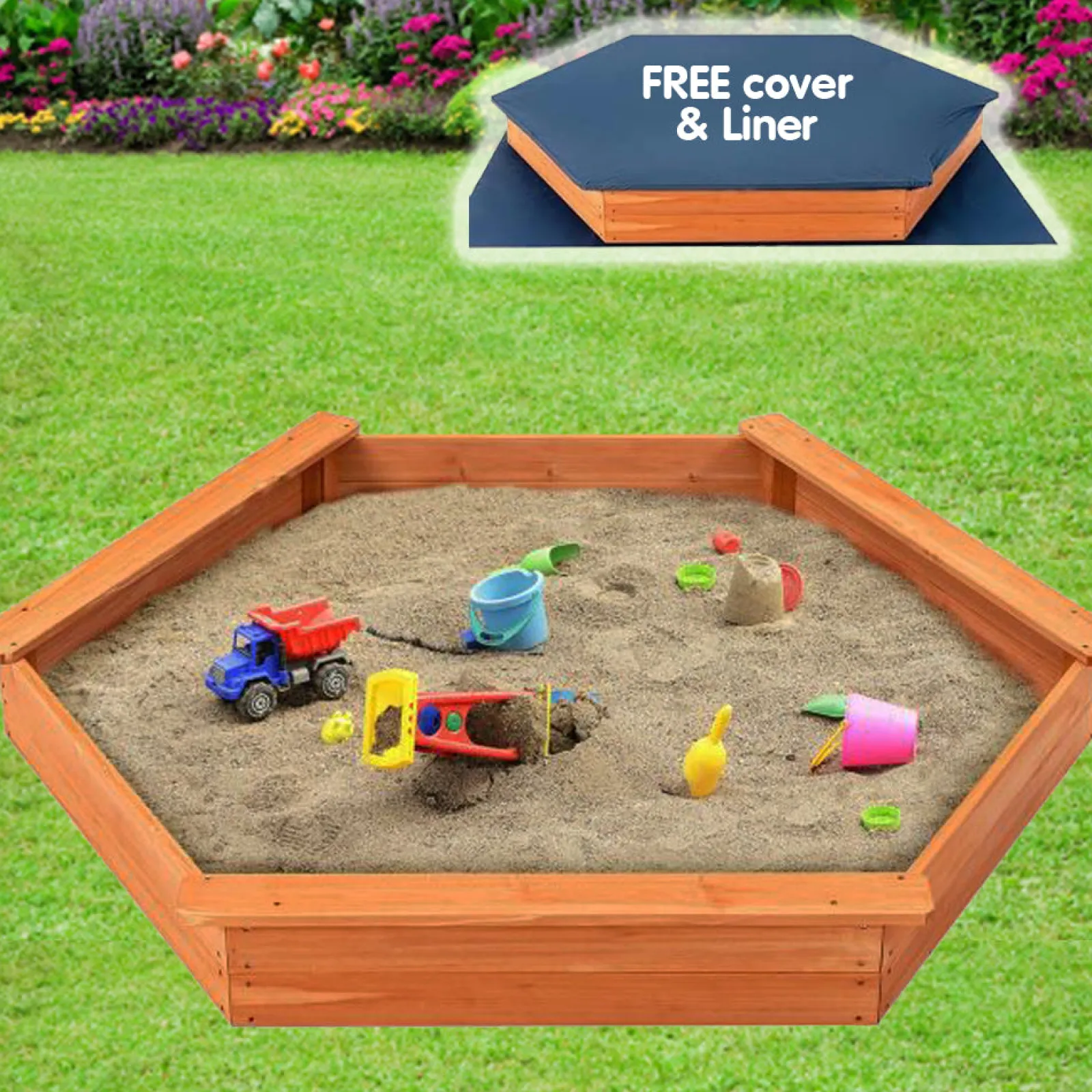 Little Helper Sand & Water Table & Sandpits & Mud Kitchens | Montessori Toys & Products | XXL Premium Hexaganol Eco Fir Wood Montessori Sandpit with FREE Base Liner and Cover | 1.86 x 1.63m