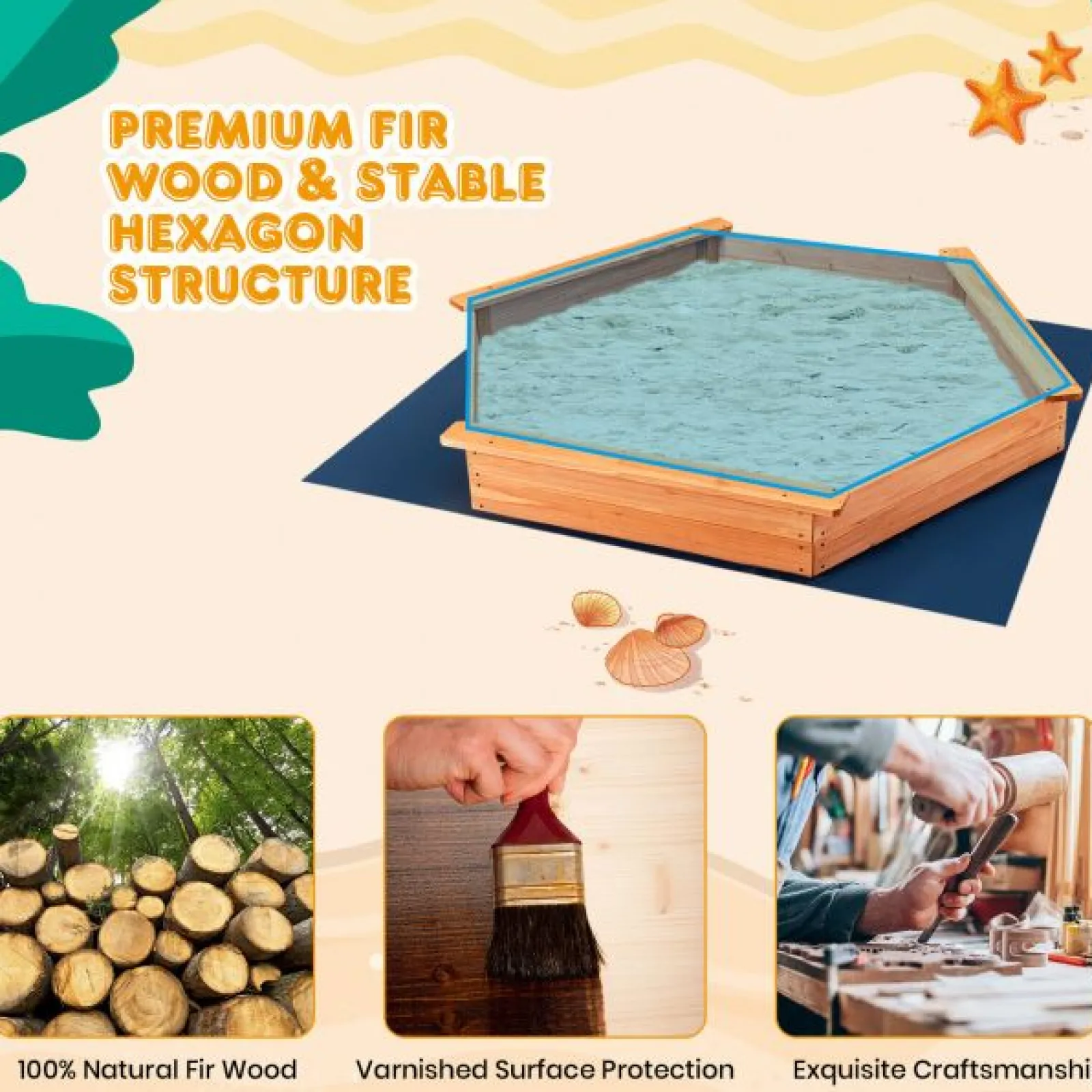 Little Helper Sand & Water Table & Sandpits & Mud Kitchens | Montessori Toys & Products | XXL Premium Hexaganol Eco Fir Wood Montessori Sandpit with FREE Base Liner and Cover | 1.86 x 1.63m