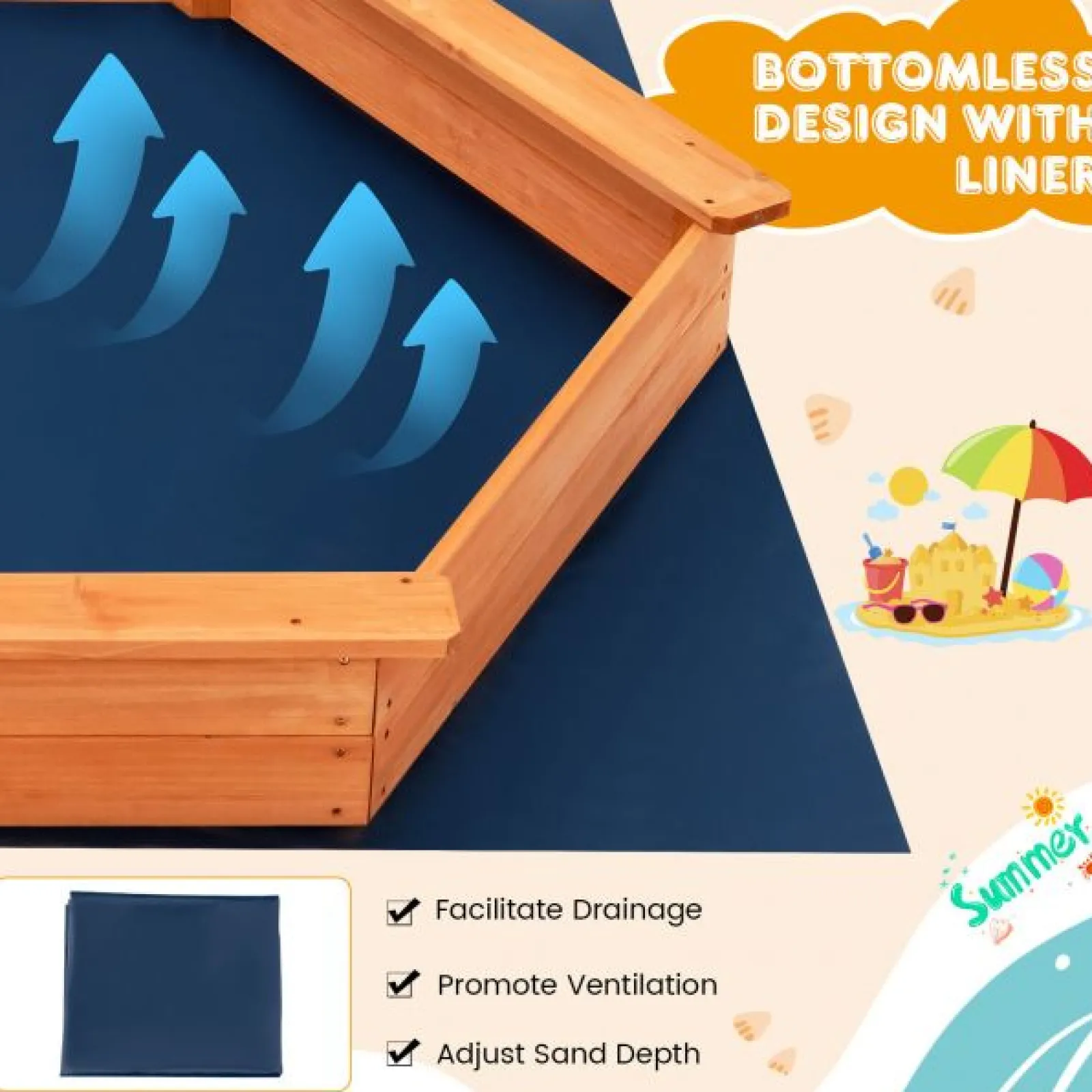 Little Helper Sand & Water Table & Sandpits & Mud Kitchens | Montessori Toys & Products | XXL Premium Hexaganol Eco Fir Wood Montessori Sandpit with FREE Base Liner and Cover | 1.86 x 1.63m
